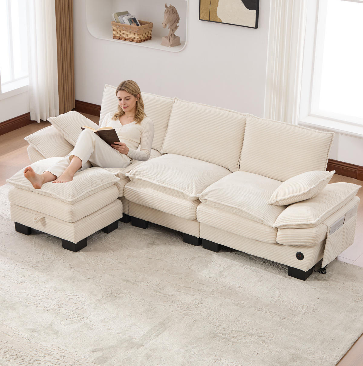 3-SITZER aus Cord 260x132x84 cm in Beige mit USB-C & Seitentaschen - Beige, Textil (132/84/260cm) - Modfu