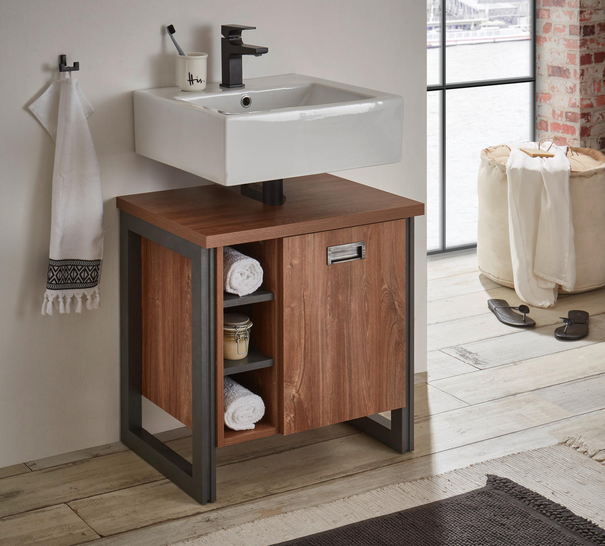 WASCHBECKENUNTERSCHRANK I12 Stirling Oak & Matera 61/62/40 cm - Eichefarben, Holzwerkstoff (61/62/40cm) - Livojo