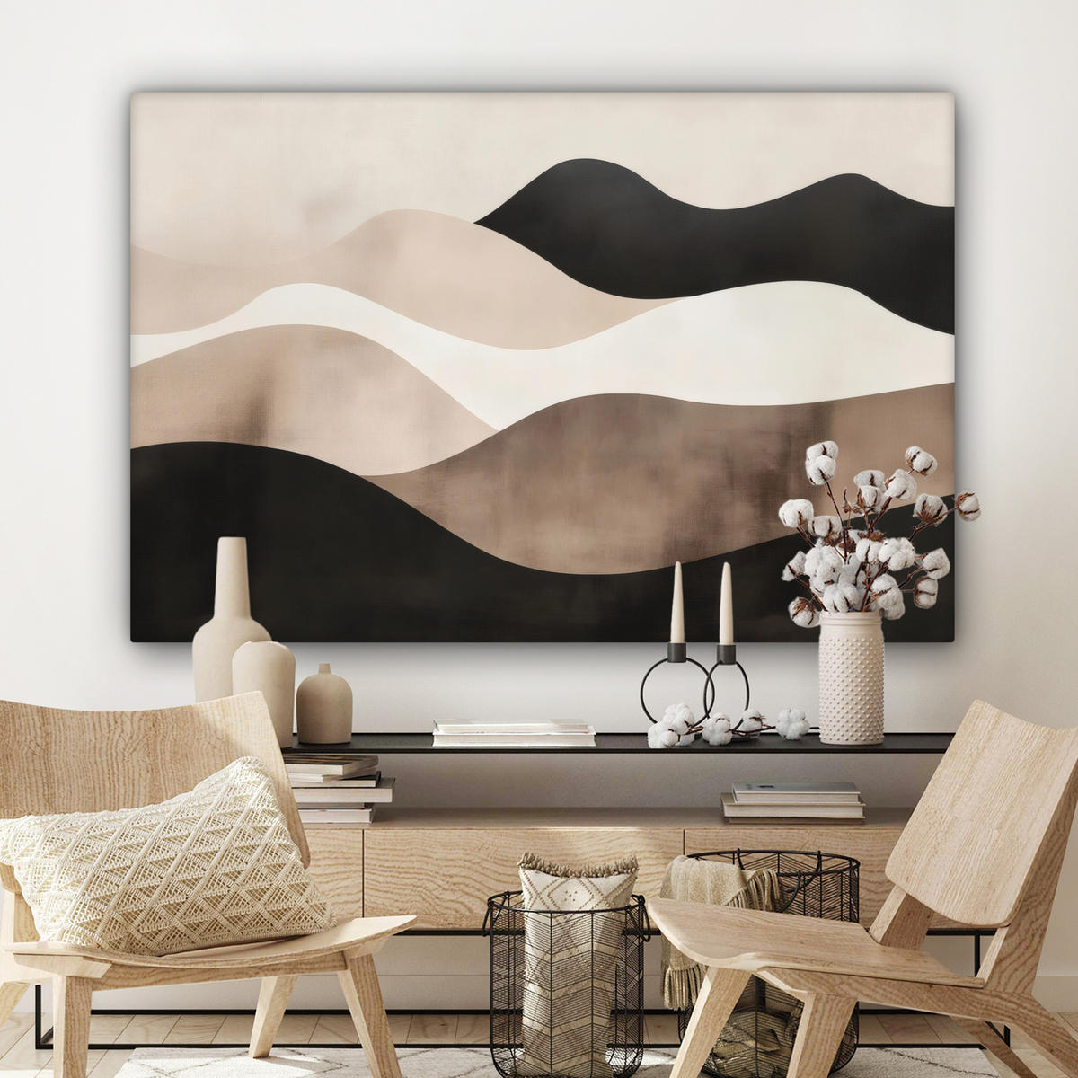 LEINWANDBILD Abstrakt - Landschaft - Wellen - Cremefarben Wohnzimmer 120x80 cm - Cappuccino, Textil (120/80cm) - MuchoWow