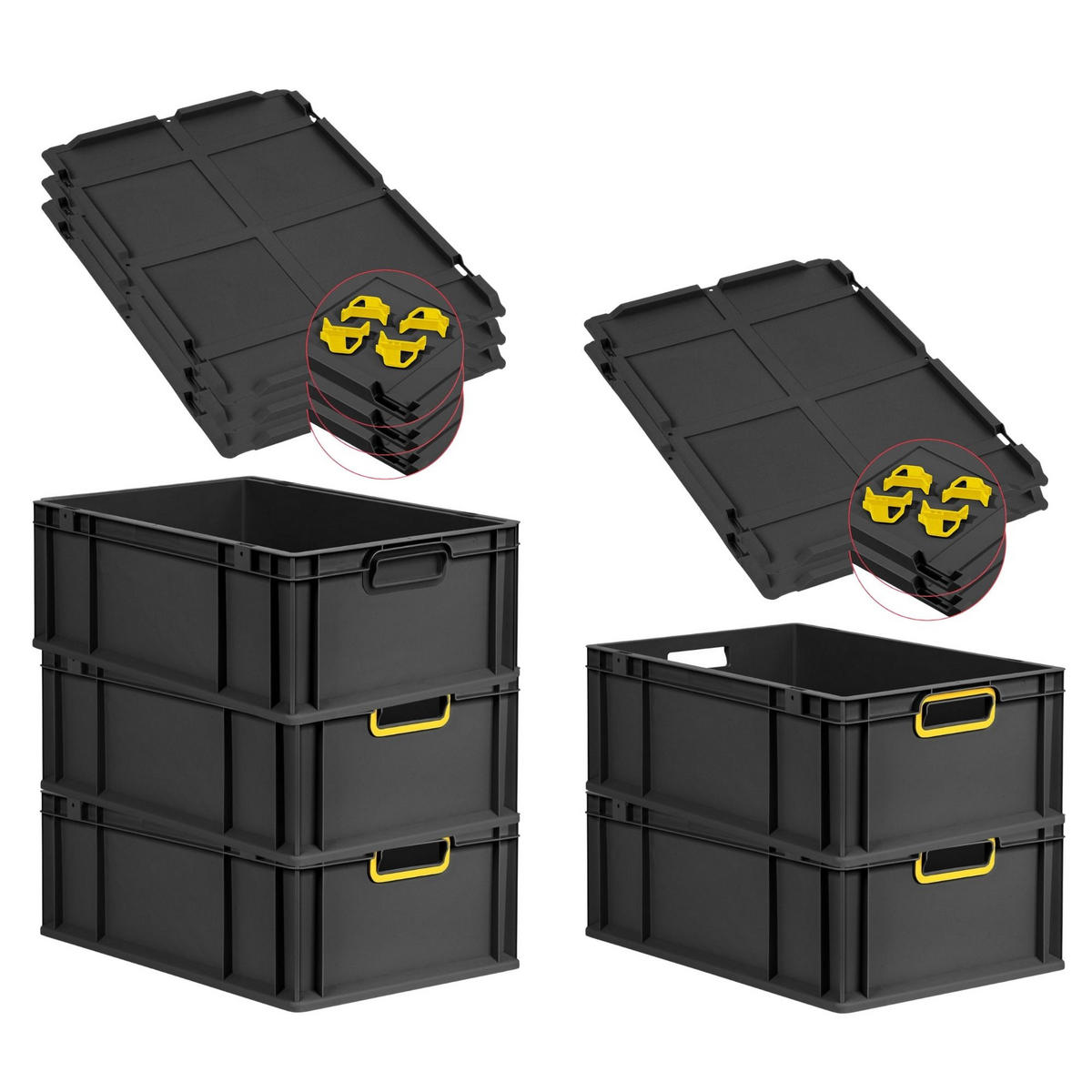 EUROBOX 5x NextGen Color mit Auflagedeckel 22x40x60 cm 44 Liter Schwarz Griffe gelb offen - Gelb/Schwarz, Kunststoff (40/22/60cm) - PROREGAL