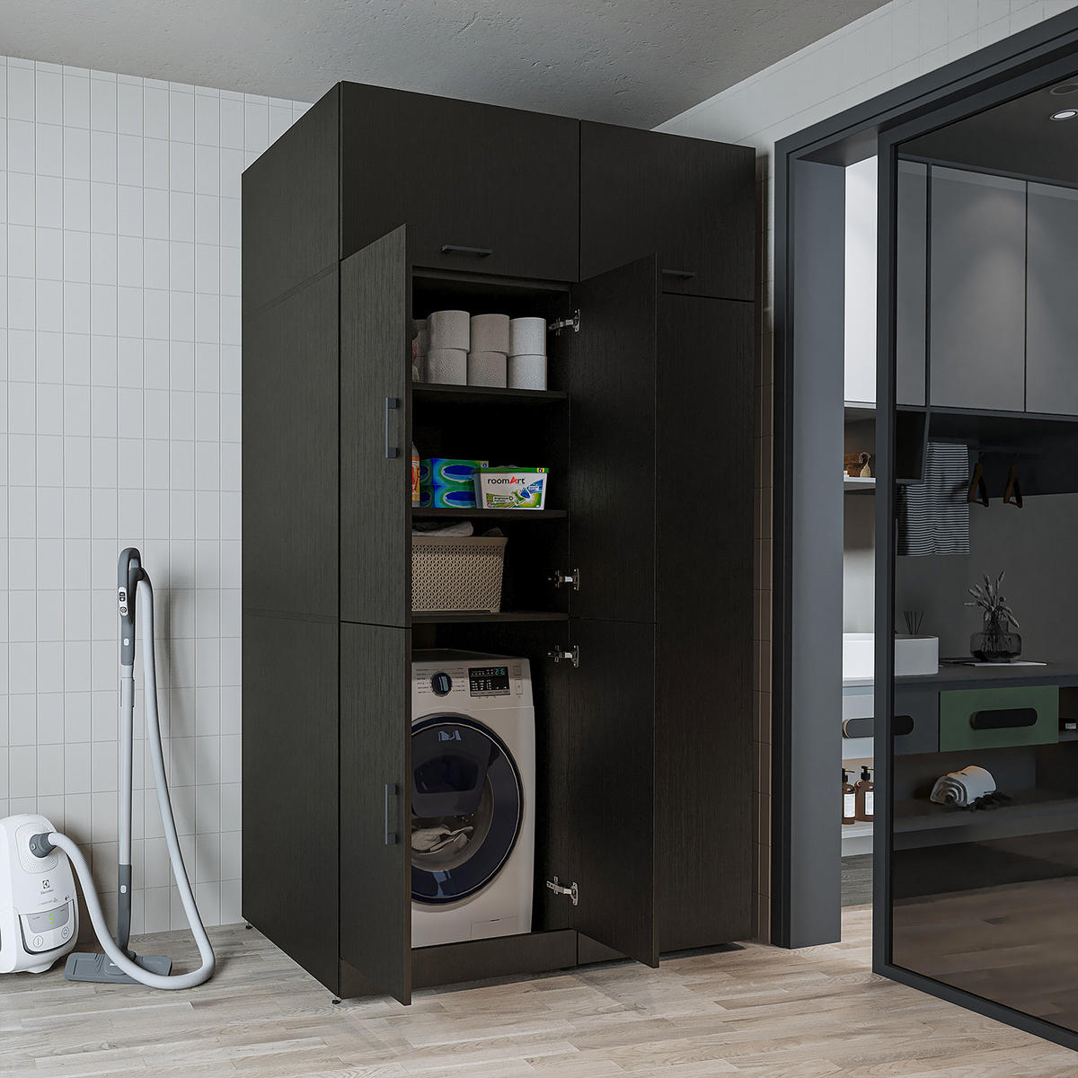 WASCHMASCHINENSCHRANK DORA-II 130cm Breit, 230cm Hoch - Schwarz, Holzwerkstoff (130/230/73.8cm)