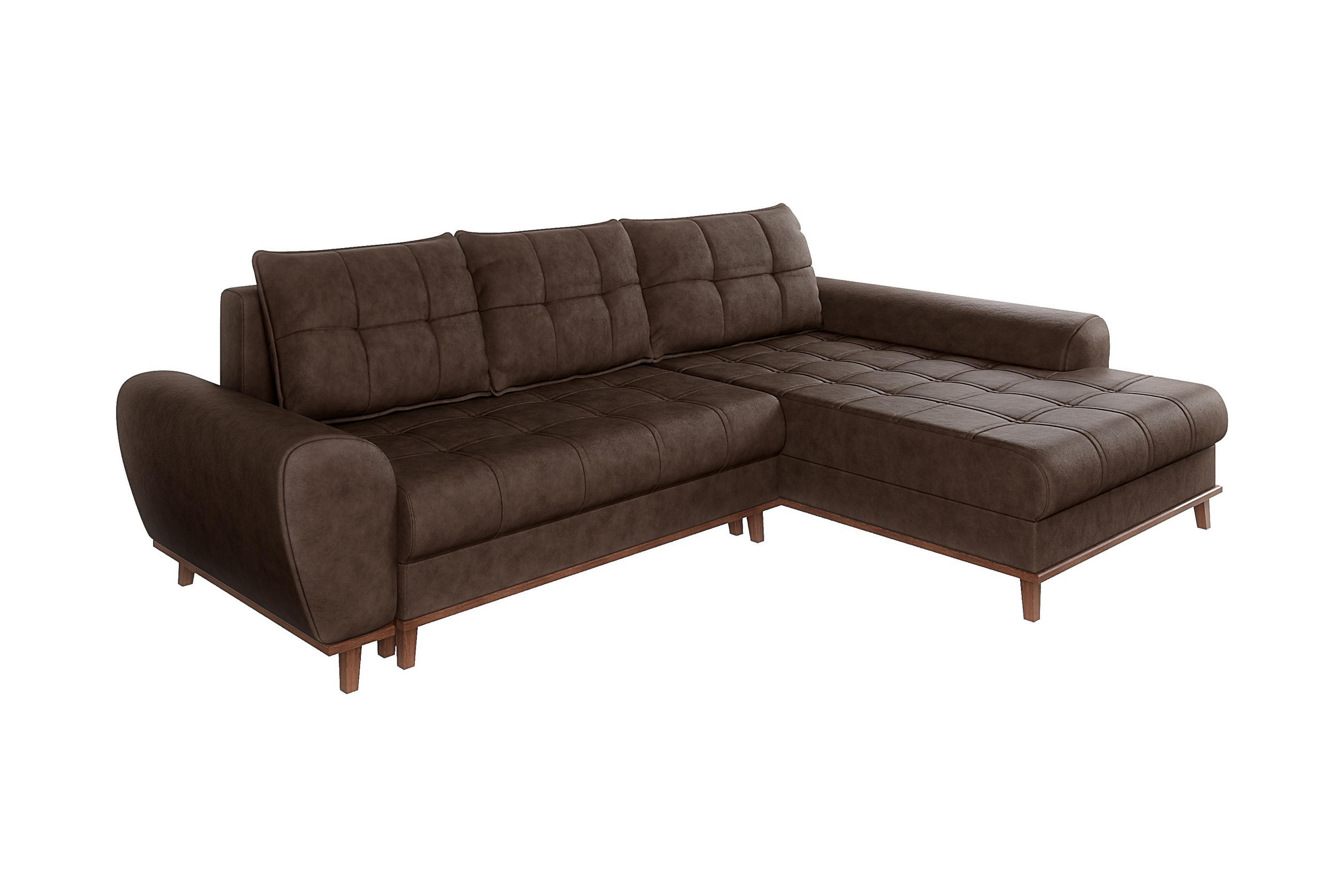 ECKSOFA im Scandi-Stil, Schlaffunktion, Bettkasten B268/T175/H86 cm, Ottomane rechts, Liegefl. 128x209 cm, Mikrofaserstoff in Vintage Braun / 21017 - Eichefarben/Braun, Holz/Textil (268/175cm) - luma-home