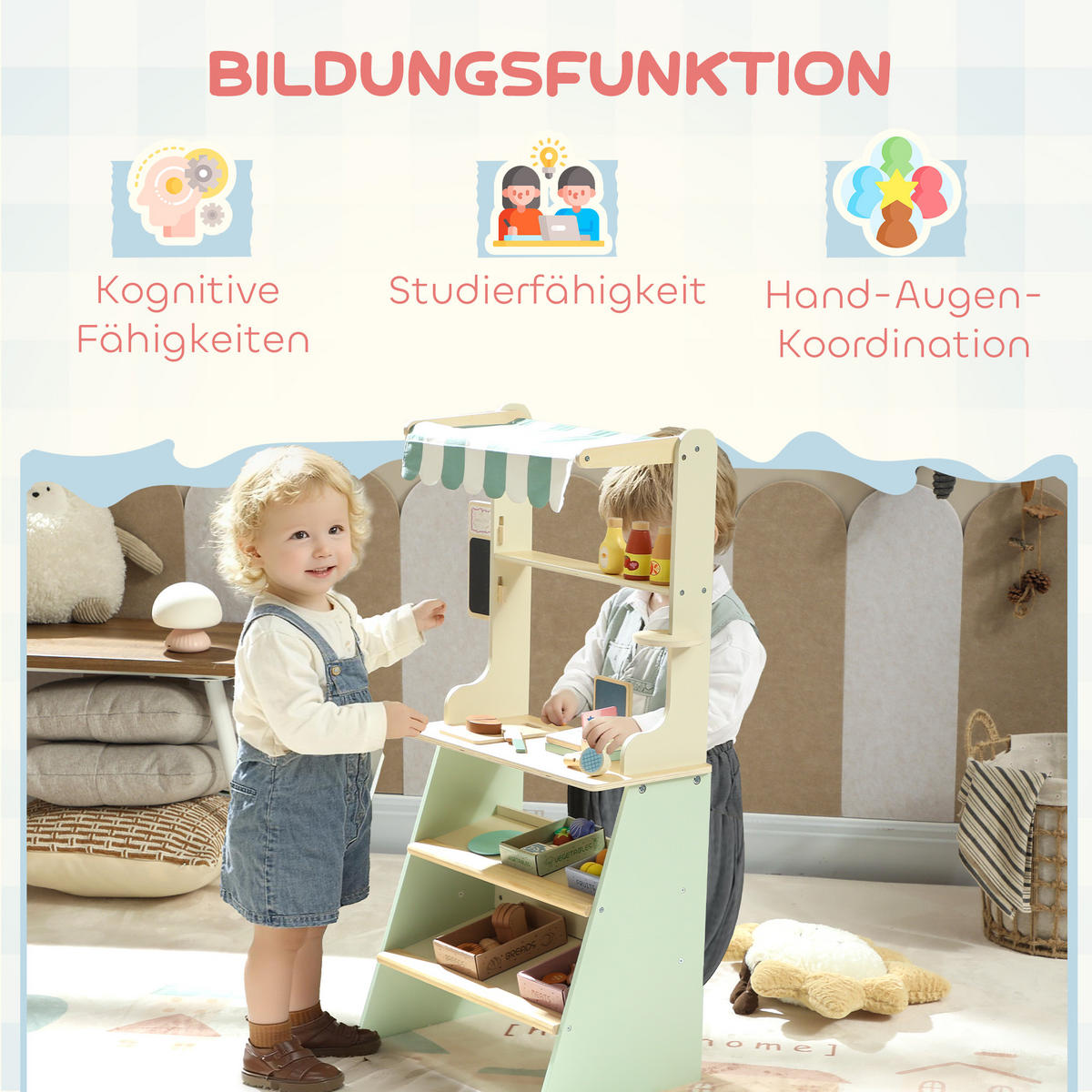 KAUFLADEN für Kinder Kaufladen Supermarkt mit Kasse Scanner Tafel Spielzubehör - Hellgrün, Holzwerkstoff (30/92.5/40cm) - AIYAPLAY