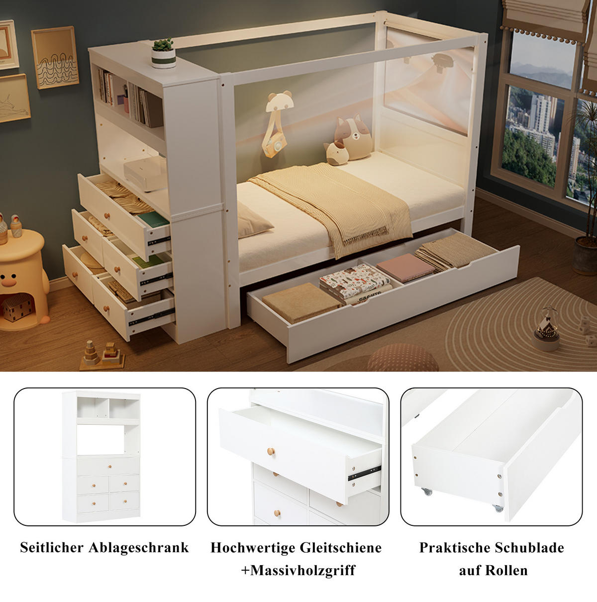 KINDERBETT 90/200 cm mit Fallschutz, Stauraum, 5 Schubladen und Schreibtisch, Holzwerkstoff/MDF, Weiß - Weiß, Holzwerkstoff (90/200cm) - Redom
