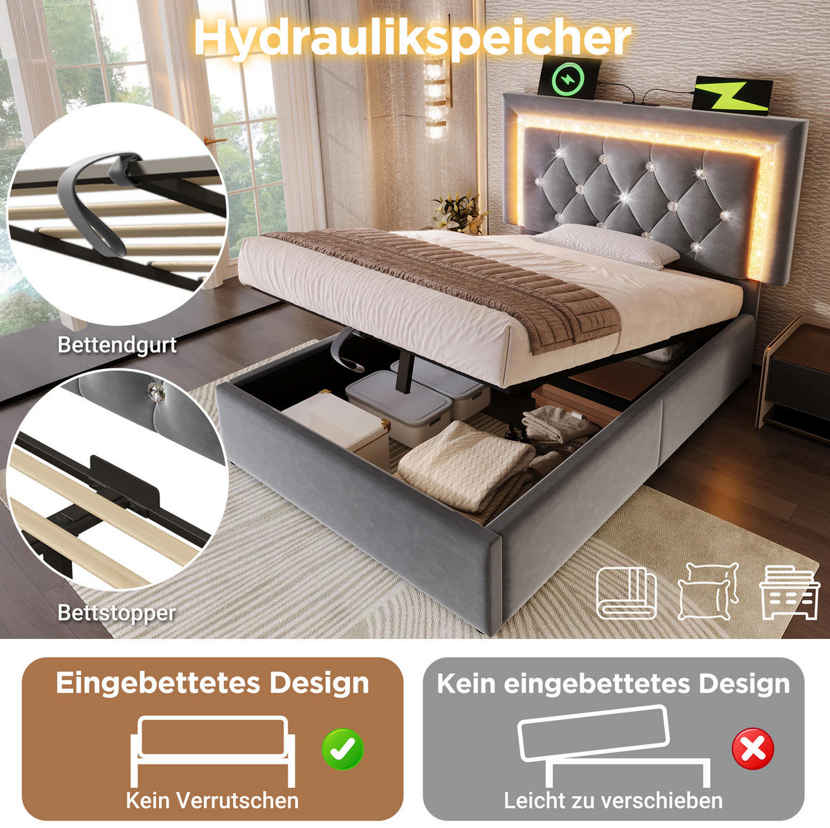 POLSTERBETT 90/200 cm Grau aus Samt mit LED und Stauraum - Grau, Textil (90/200cm) - OKMYHOME