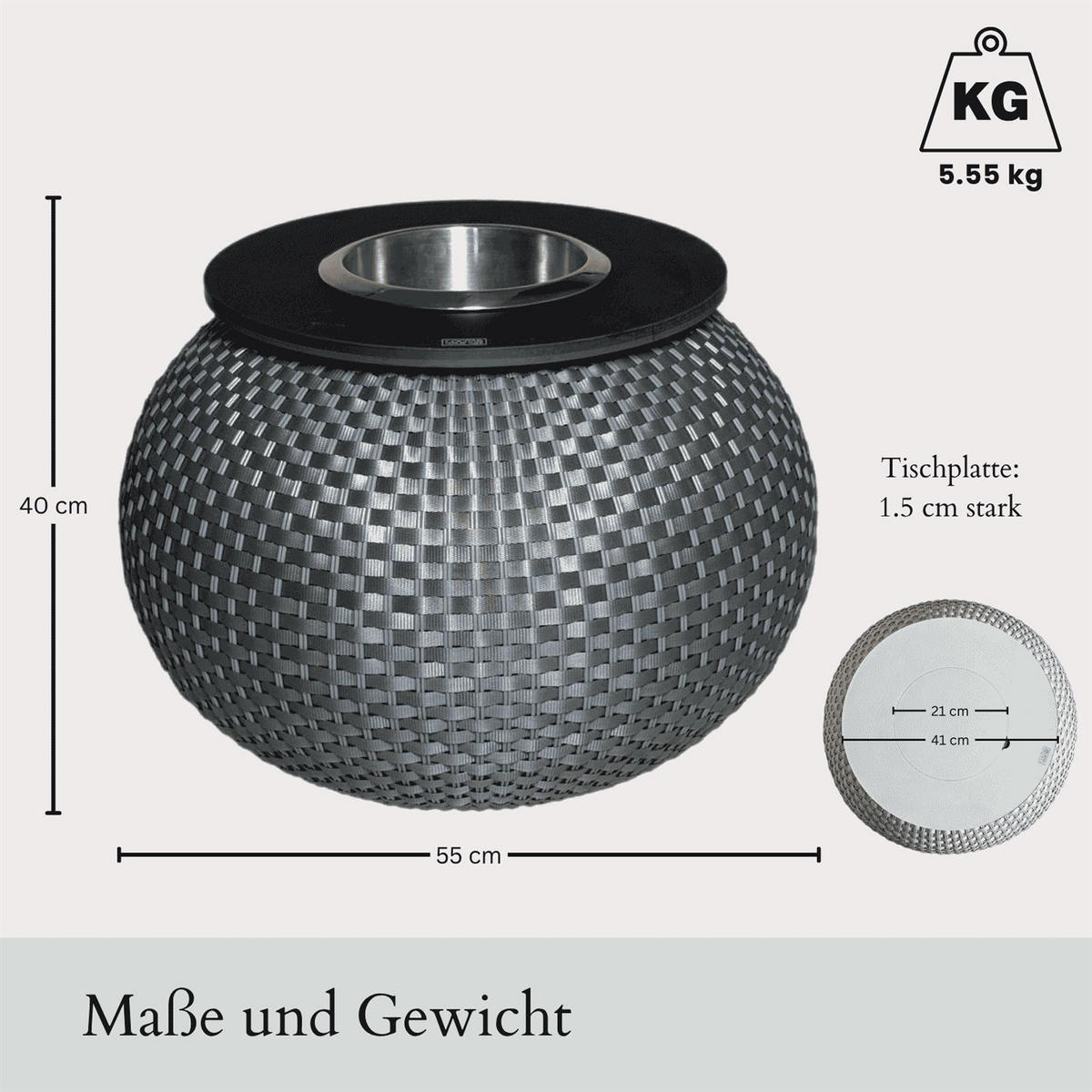 3-IN-1 LOUNGETISCH MIT EDELSTAHL-KÜHLER Milano Anthrazit/Schwarz 40 cm - Anthrazit/Schwarz, Kunststoff/Metall (55/40/55cm) - COOTAB Cooler Table