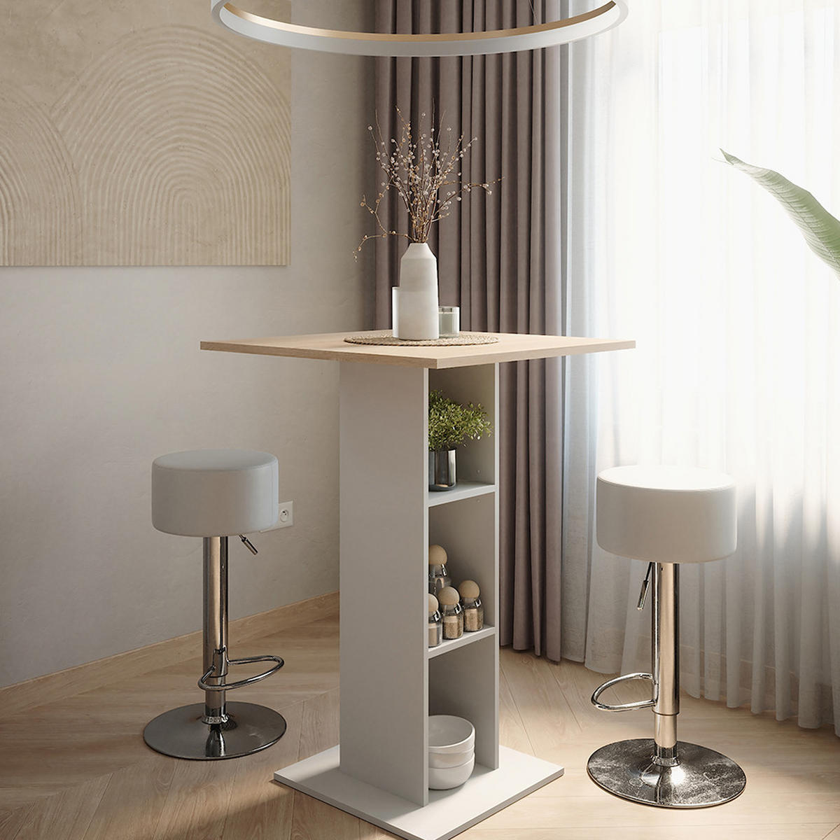 STOJACÍ BAROVÝ STŮL SE ŽIDLEMI Repose Bílá/Sonoma - bílá, kompozitní dřevo (75/75/106cm) - Vicco