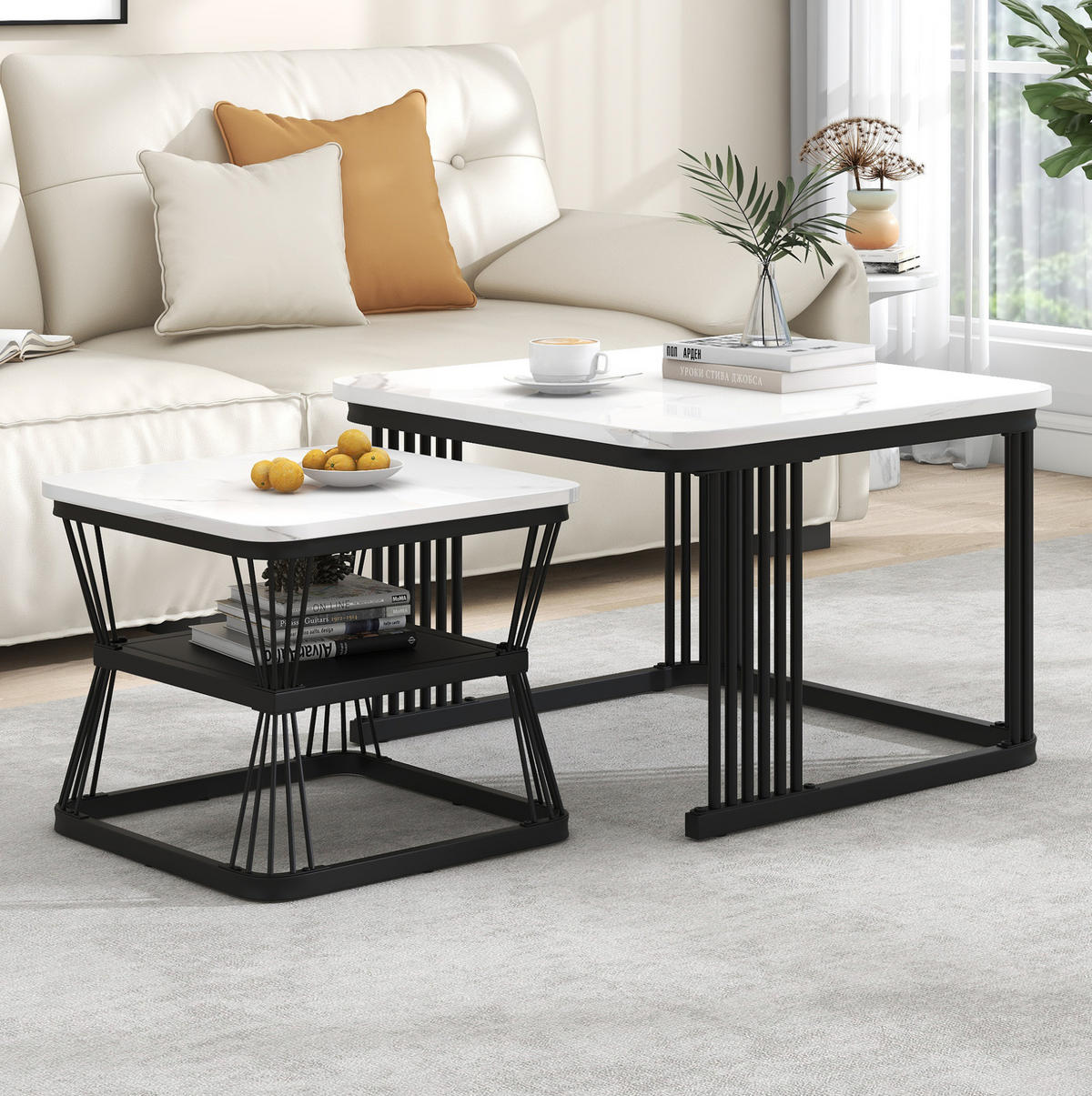 COUCHTISCH-SET 65/65/45 und 45/45/39,5 cm aus MDF mit Marmoroptik, 2-teilig und platzsparend, Weiß/Schwarz - Weiß, Holzwerkstoff (65/65/45cm) - Redom
