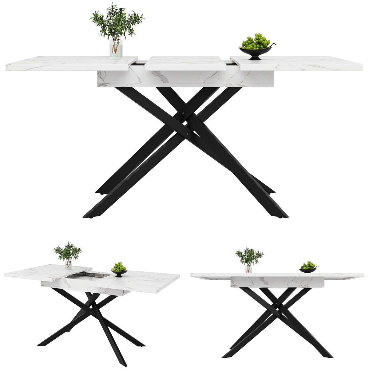 JÍDELNÍ stůl 120-160/80/76,5 cm bílý/černý z MDF a kovu rozkládací - bílá, kompozitní dřevo (160/80/76.5cm) - OKWISH