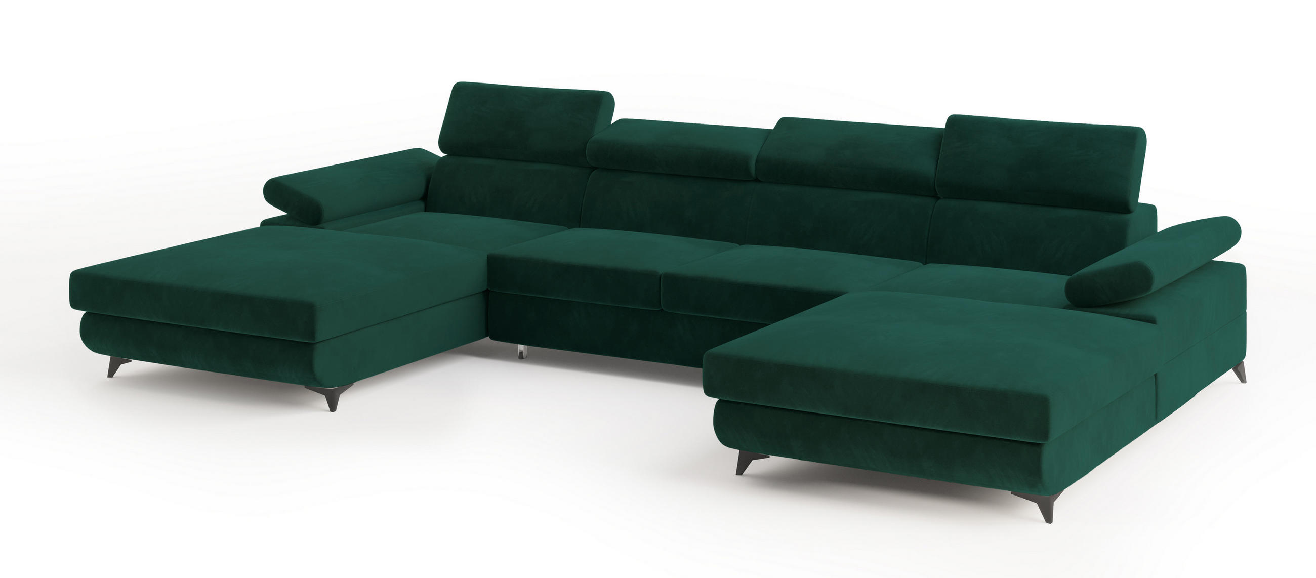 WOHNLANDSCHAFT DETTI Grün Velours-Stoff mit Schlaffunktion - Grün, Holz (339/89/190cm) - MASSENO