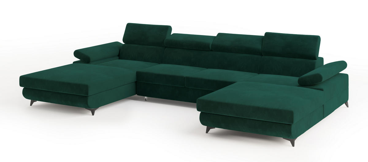 WOHNLANDSCHAFT DETTI Grün Velours-Stoff mit Schlaffunktion - Grün, Holz (339/89/190cm) - MASSENO