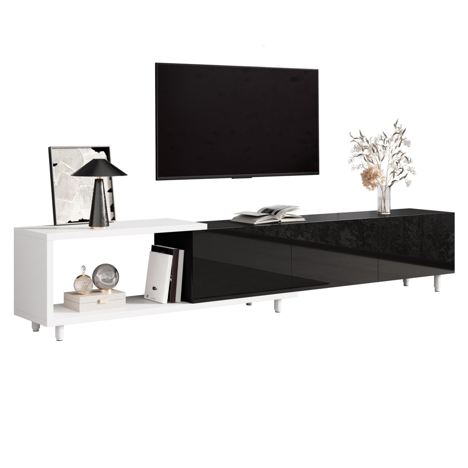 TV-LOWBOARD ausziehbar 258 x 38 x 48,5 cm aus MDF/Spanplatte, 3 Hochglanztüren, Schwarz/Weiß - Schwarz, Holzwerkstoff (258/48/38cm)