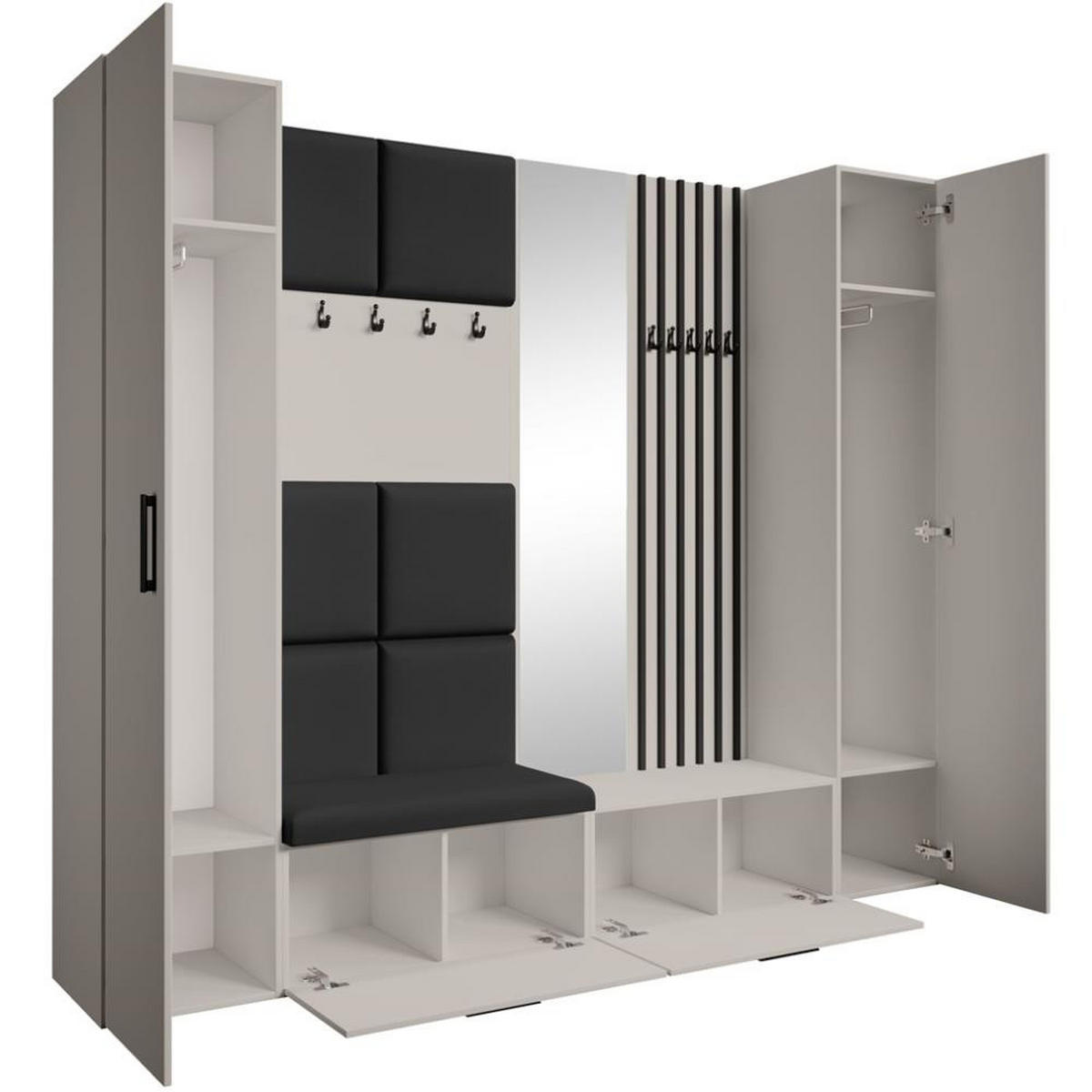 GARDEROBE Margaret XL 242/203/43 mit gepolsterten Paneelen/Lamellen/Spiegel - Kaschmir/Schwarz, Holzwerkstoff/Kunststoff (242/203/43cm) - Beautysofa