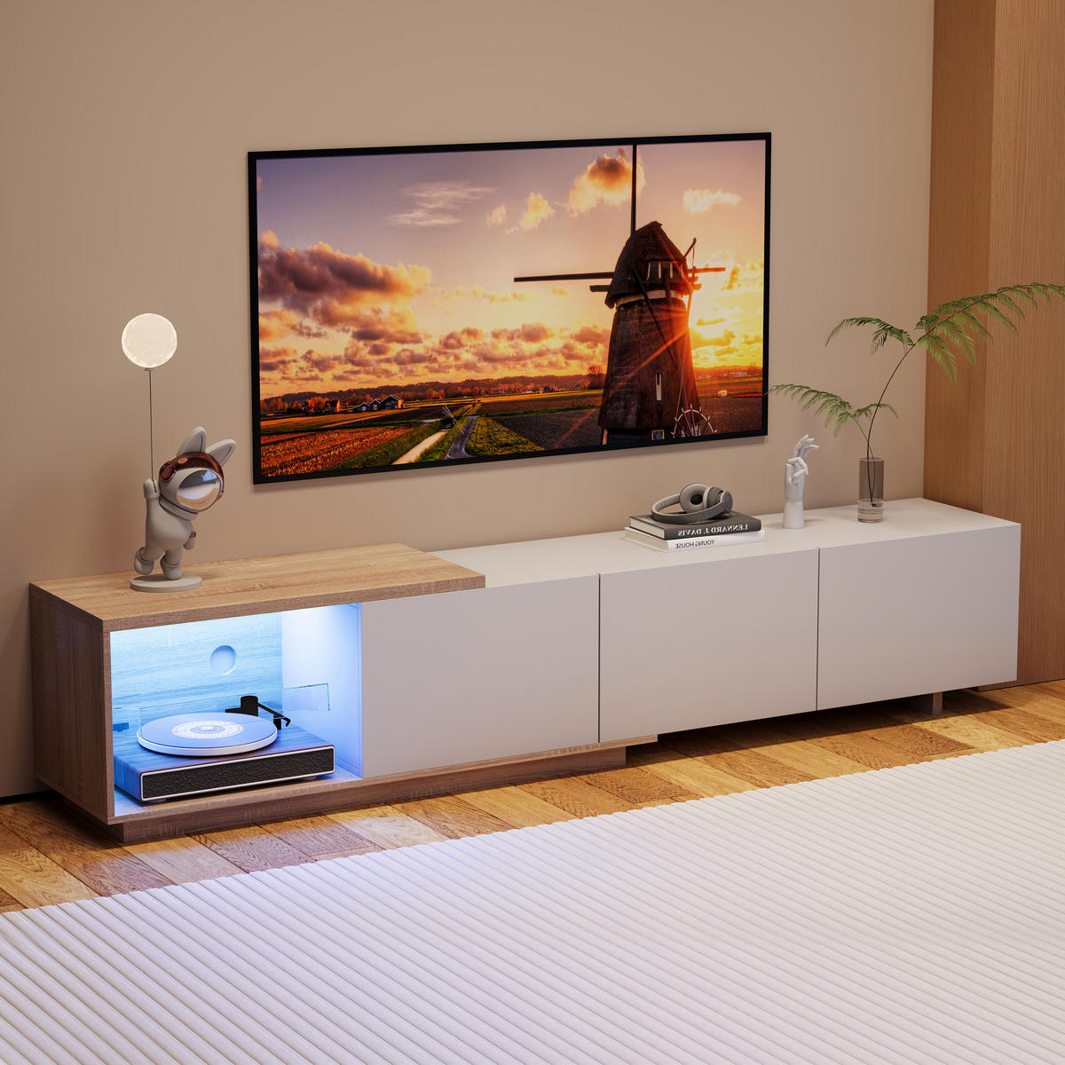 TV-LOWBOARD 163–240 cm Ausziehbar mit LED-Licht 3 Schubladen Weiß-Holzoptik - Weiß, Holzwerkstoff (38/44/240cm) - SHOPENTRA