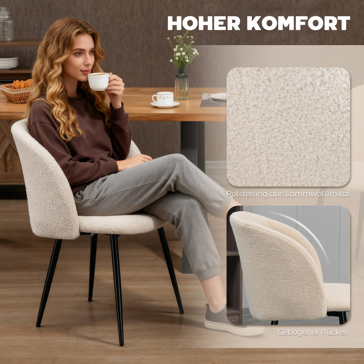 ESSZIMMERSTÜHLE 2er Set Küchenstuhl mit Ergonomisch Rückenlehne, Lammwoll-Optik - Creme/Schwarz, Textil/Metall (62/80/55cm) - HOMCOM
