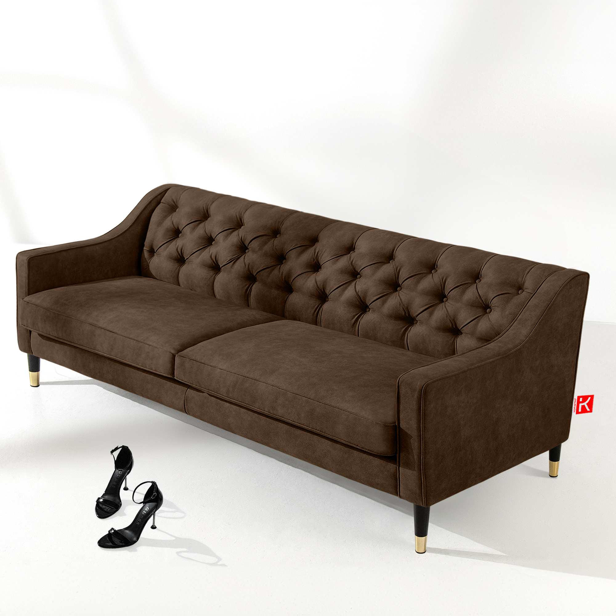 3-SITZER-SOFA NOMUS Velours, gesteppt, Dunkelbraun - Wengefarben/Dunkelbraun, Holz/Holzwerkstoff (192/78/80cm) - KONSIMO®