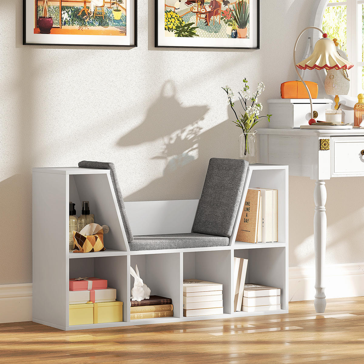 BÜCHERREGAL mit Sitzkissen, Aufbewahrungsregal mit 6 Fächern, Leinenoptik, Weiß - Weiß/Grau, Holzwerkstoff/Textil (30/63/105cm) - HOMCOM