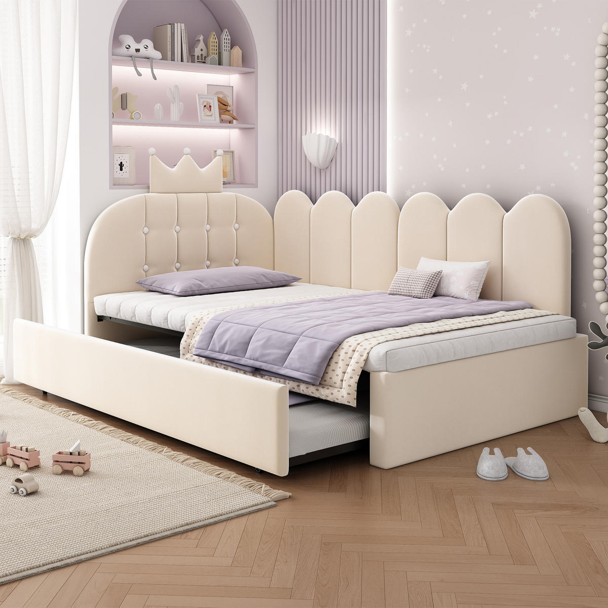 POLSTERBETT 90/200 cm Beige mit Ausziehbett 90/190 cm, ohne Matratze - Beige, Textil (90/200cm) - Oxeza