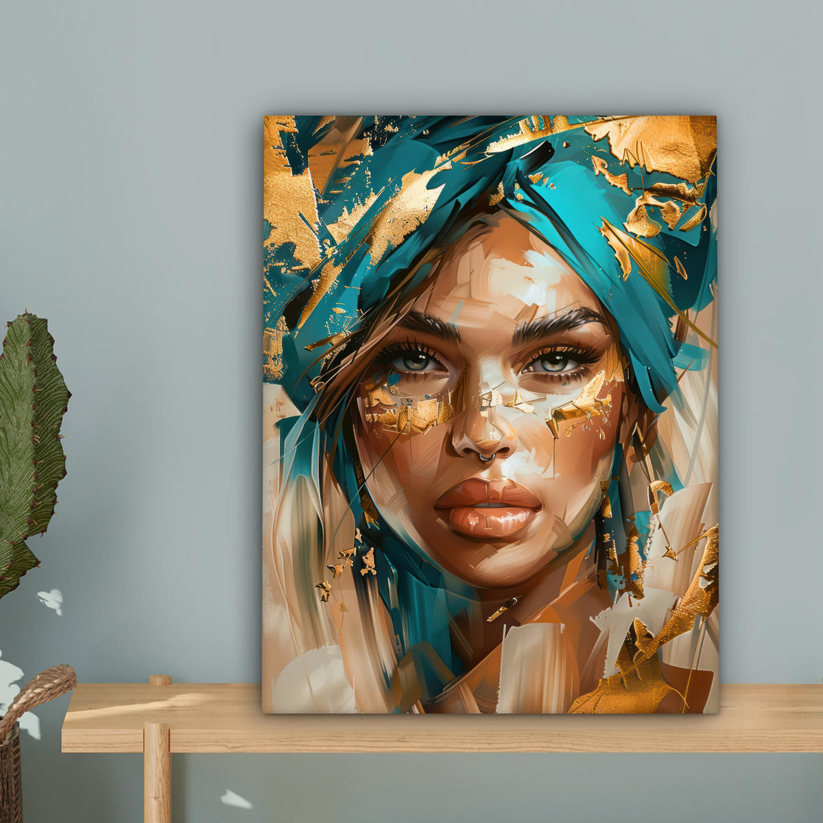 OBRAZ NA PLÁTNE Žena - Portrét - Zlato - Luxus - Modrá 30x40 cm - tyrkysová, textil (30/40cm) - MuchoWow