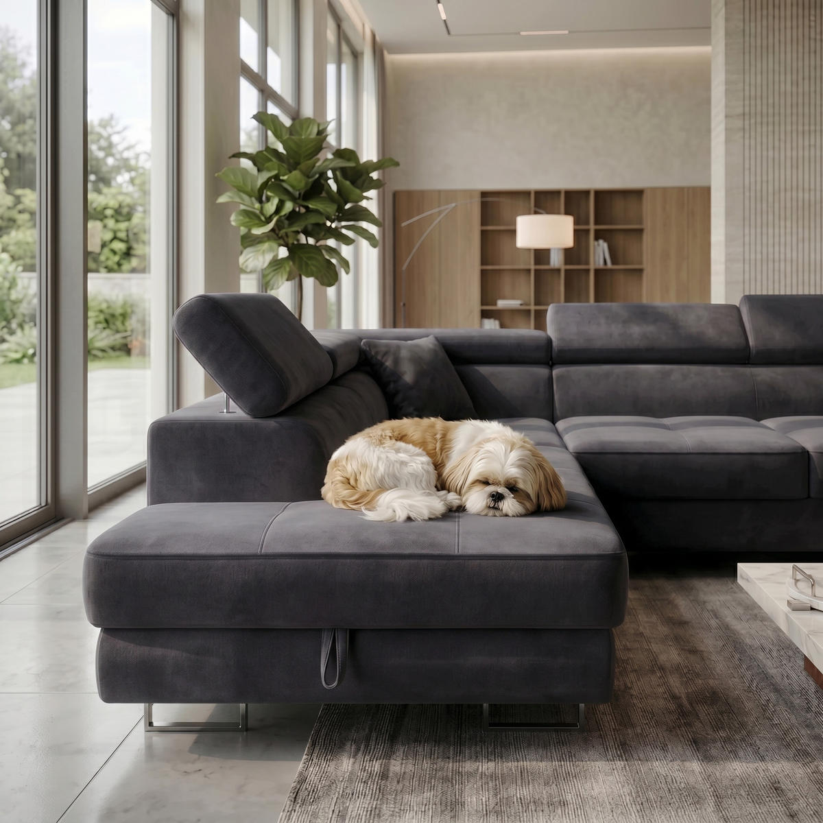 ECKSOFA U-Form WILD MAXI U2 mit Schlaffunktion 125x329 Velours Anthrazit - Chromfarben/Graphitfarben, Holz/Textil (400/90/203cm) - Muffo
