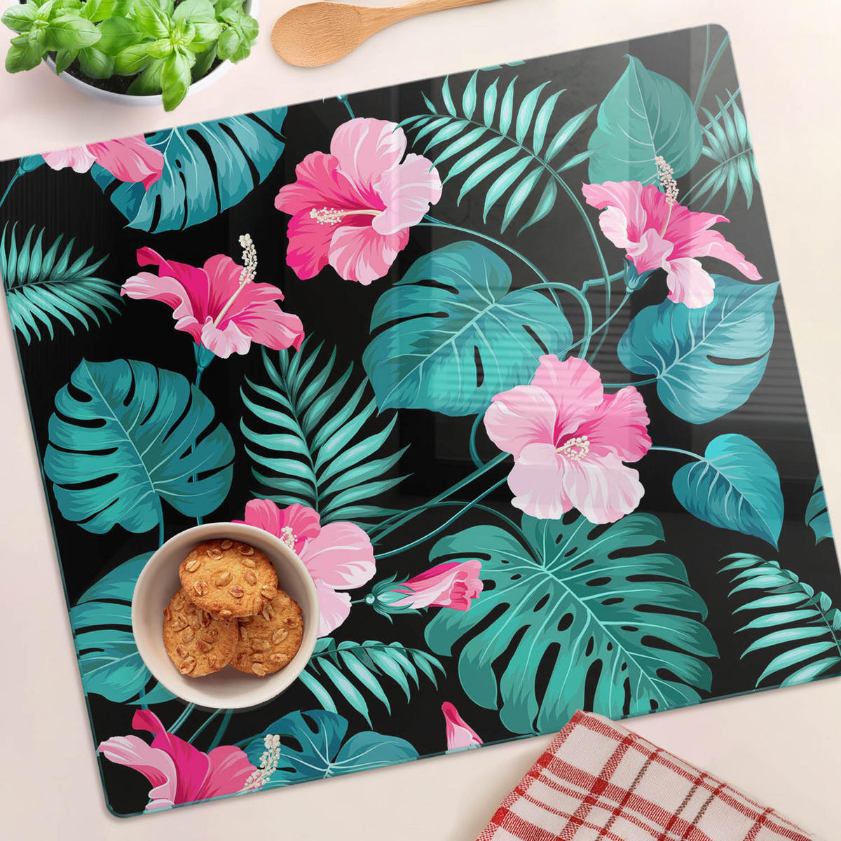 GLASPLATTE 60x52 cm Tropische Blumen - Pink, Glas (60/0.4/52cm) - TULUP
