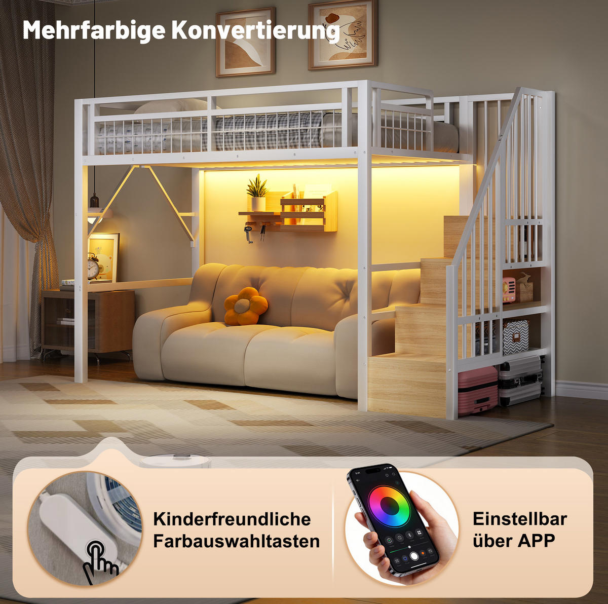 HOCHBETT 90/200 cm aus Metall mit LED-Lichtleiste und Stauraum, Weiß - Weiß, Metall (90/200cm) - OKMYHOME