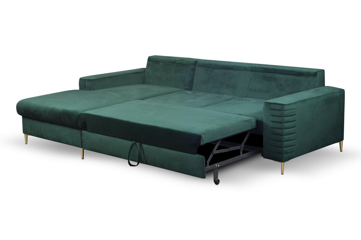 ECKSOFA GRIFO L-S Grün Velours-Stoff mit Schlaffunktion - Grün, Holz (253/165cm) - MASSENO