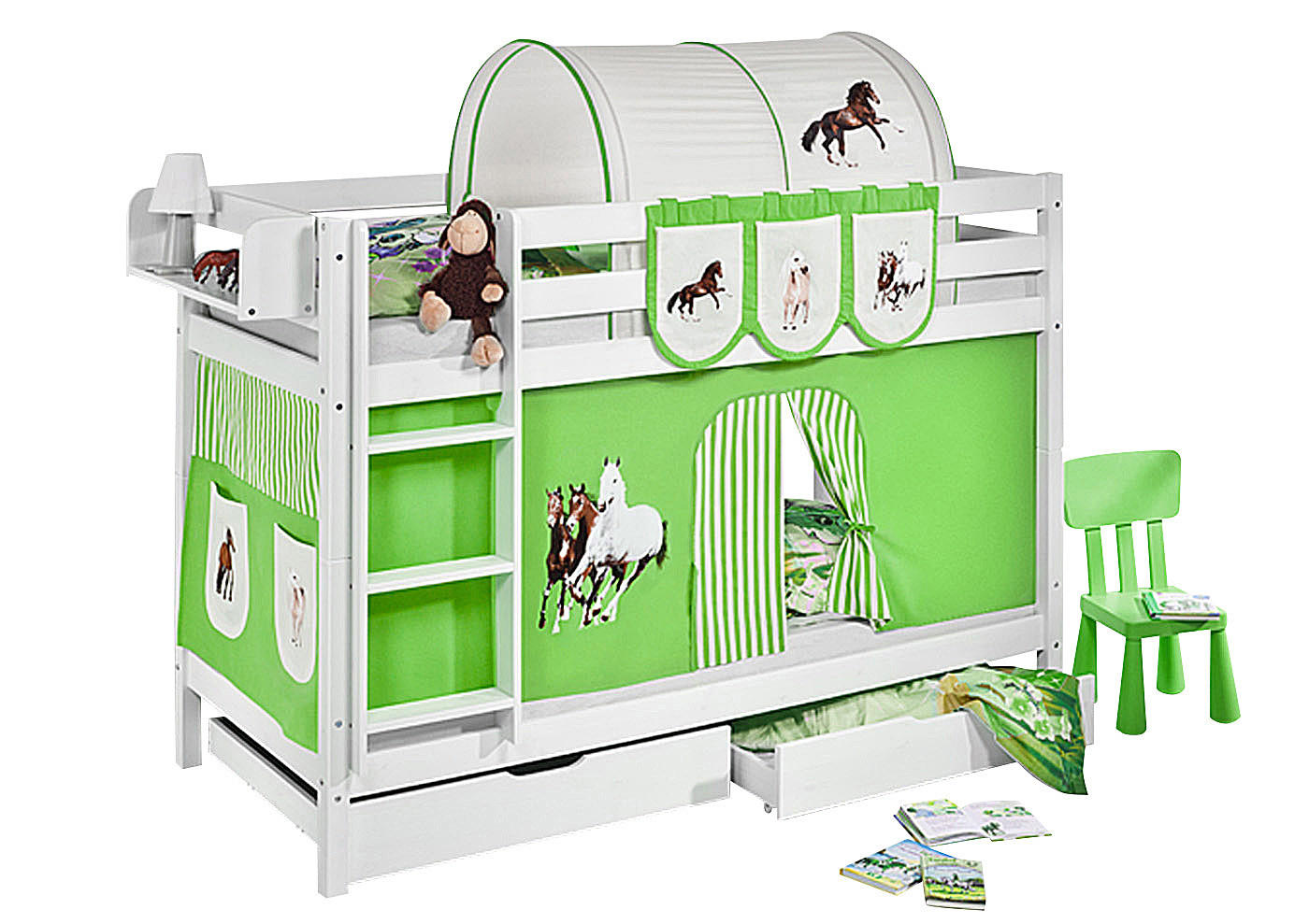 ETAGENBETT JELLE 90x200 cm Pferd grün beige - Hochbett - inkl. Vorhang und 2 Lattenrosten - Weiß, Holz - Lilokids