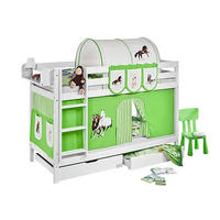 ETAGENBETT JELLE 90x190 cm Pferd grün beige - Hochbett - inkl. Vorhang und 2 Lattenrosten - Weiß, Holz - Lilokids