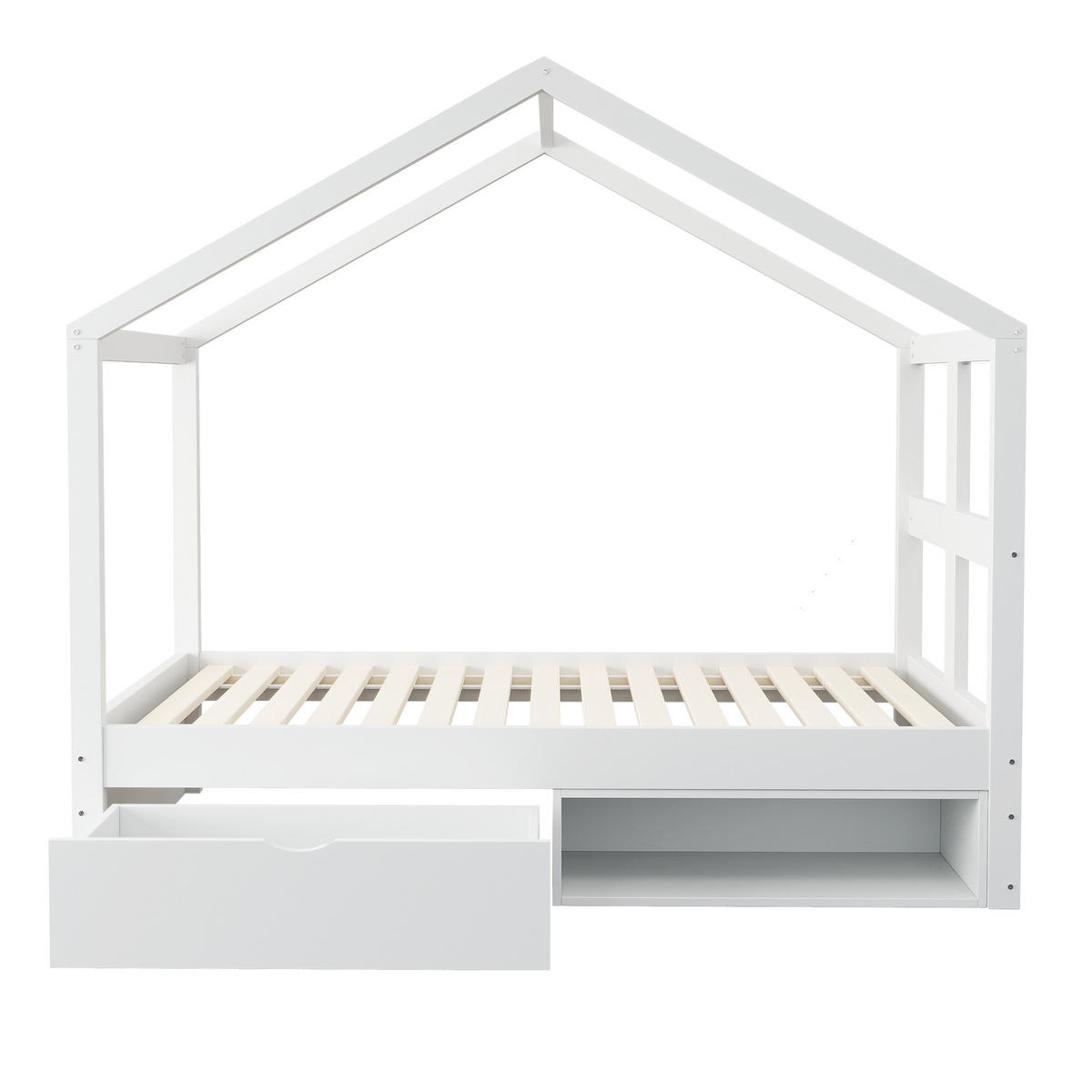 HAUSBETT 90/190 cm DE-01554, in Weiß, mit Schubladen, Schuhschrank und LED-Beleuchtung - Weiß, Holzwerkstoff (90/190cm) - ComfortXL