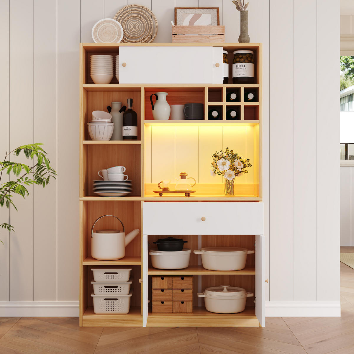 KÜCHENSCHRANK 115x35x180 cm, LED-Beleuchtung, 1 Schublade, 3 Türen, Weiß/Natur - Weiß, Holzwerkstoff (115/180/35cm) - FOHERE