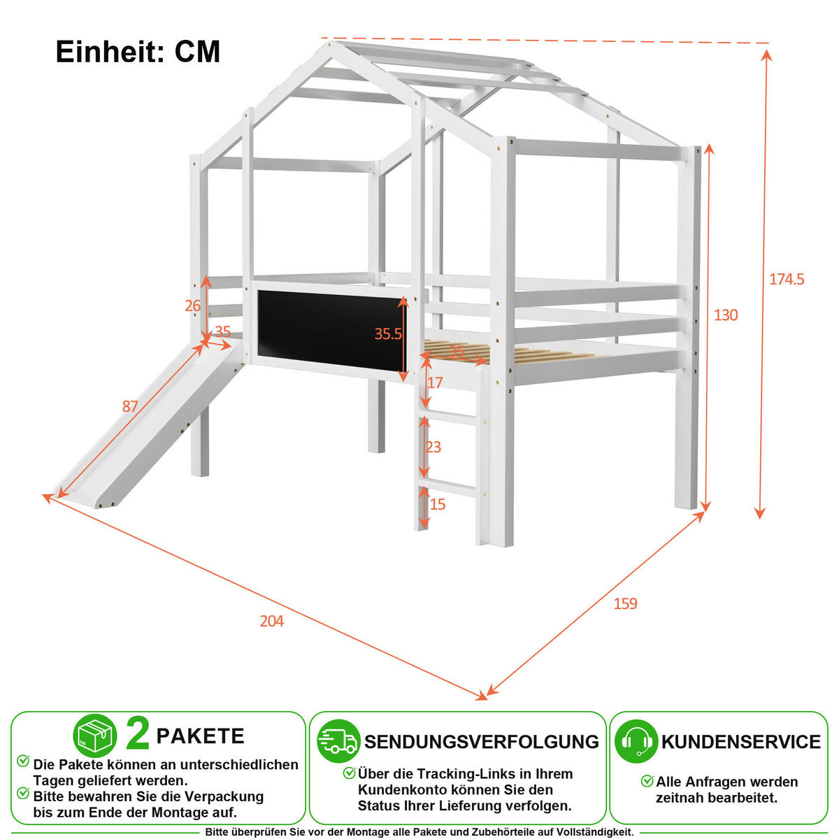 HOCHBETT 90/200 cm in Weiß mit Rutsche, Leiter und Tafel im Haus-Design - Weiß, Holz/Holzwerkstoff (90/200cm) - CHICFURN