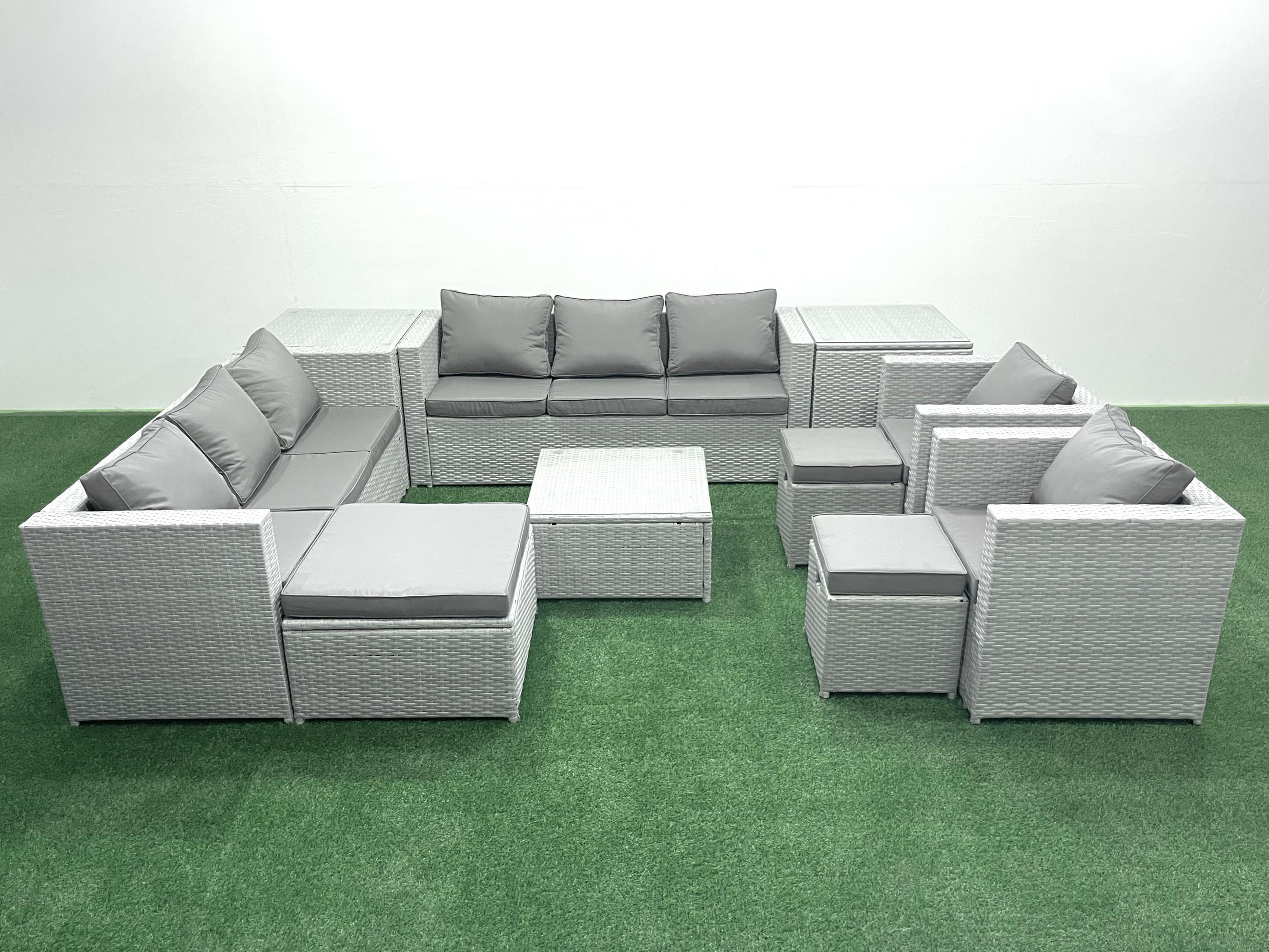 GARTENMÖBEL-SET mit Kissen Polyrattan Hellgrau-Mix 11-Sitzer - Hellgrau/Grau, Glas/Kunststoff - Fimous
