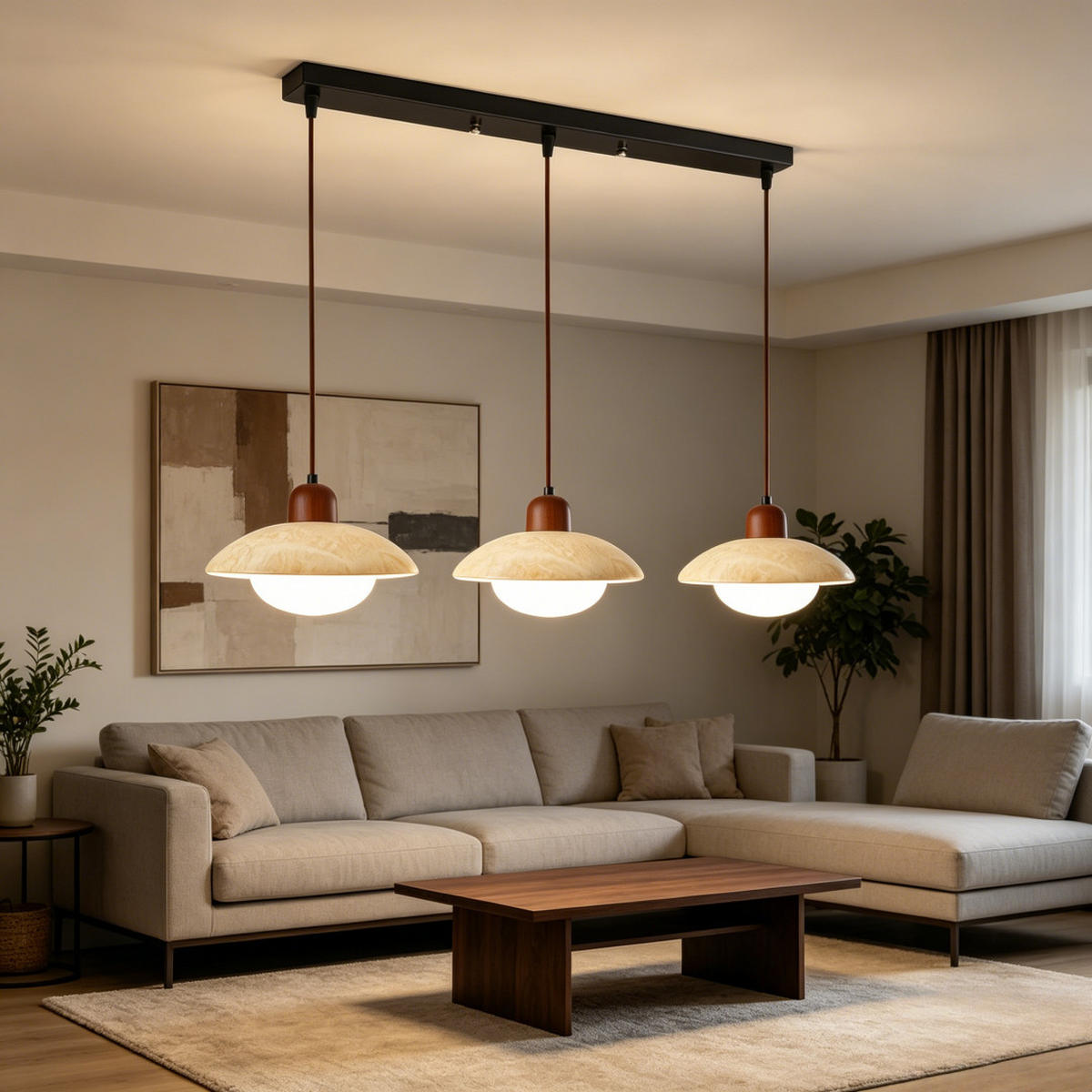 PENDELLEUCHTE Gelber Travertin & Holz, 3 Lichter 25CM - Gelb, Naturmaterialien (200/80/30cm) - Weltevree