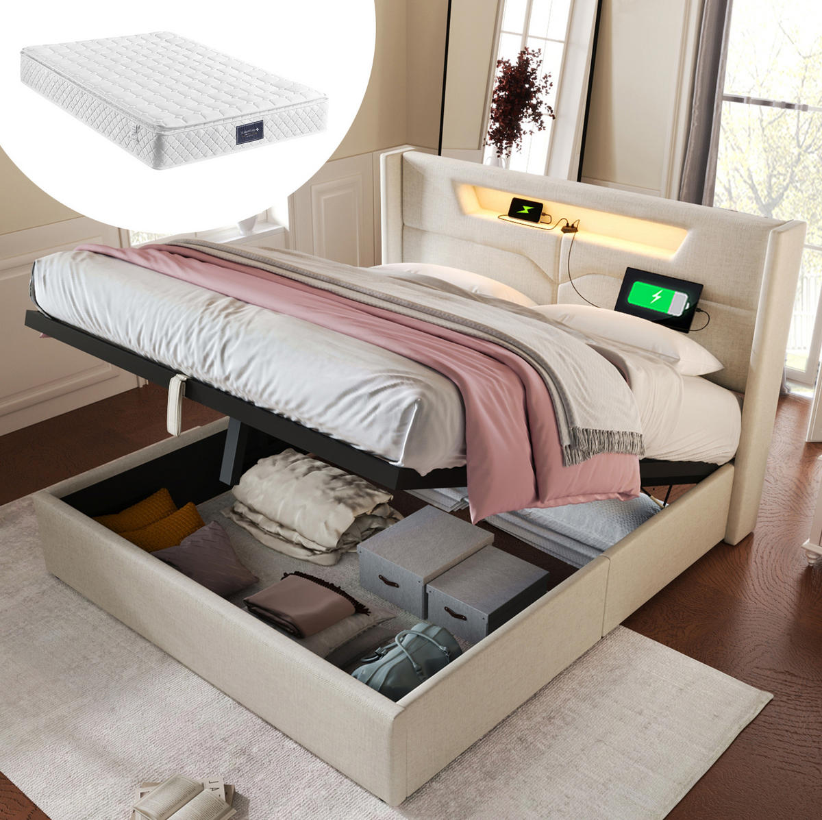POLSTERBETT mit LED, USB und Stauraum 140x200 cm Beige inkl. Matratze - Beige, Metall (140/200cm) - Meubliv