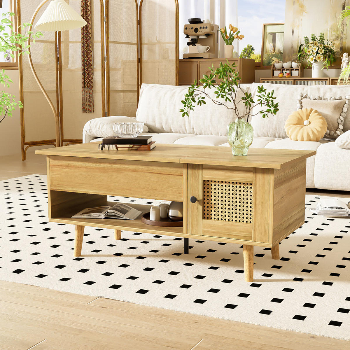 COUCHTISCH Anhebbar Rattan Türen Holzfarbe Schwarz Akzente Stauraum Elegant - Braun, Holz (109.98/59.49/15.98cm) - FLIEKS