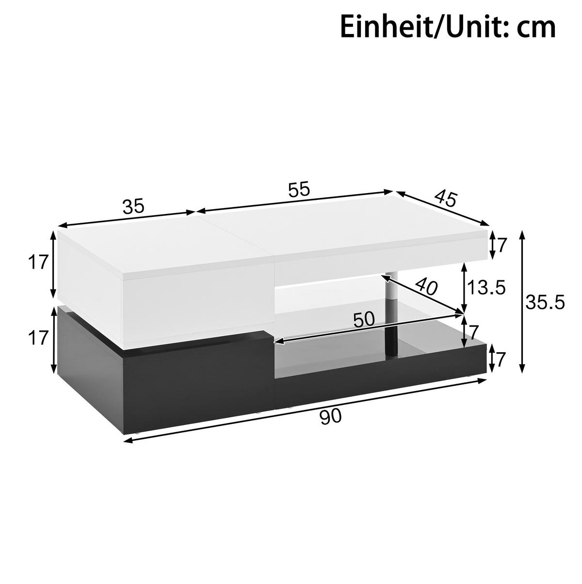COUCHTISCH aus Holzwerkstoff 90/45/35,5 cm mit LED-Beleuchtung, APP- & Bluetooth-Steuerung und Glasablage, Schwarz/Weiß - Weiß, Holzwerkstoff (90/45/35.5cm) - Redom