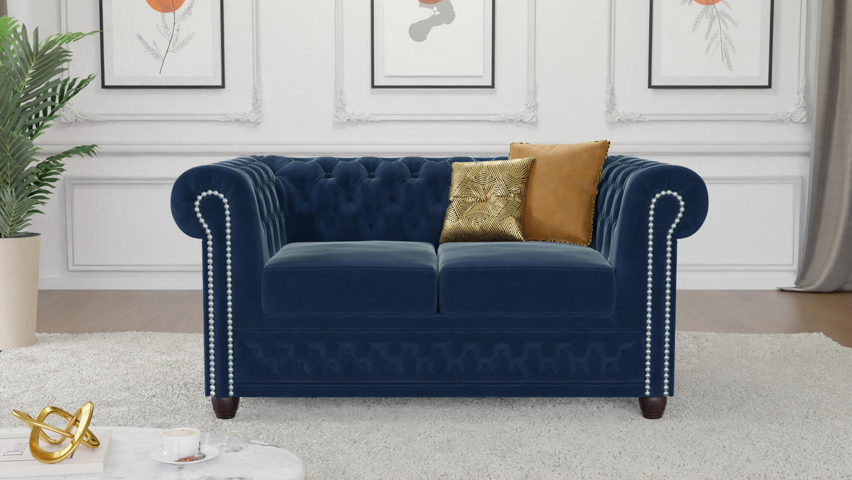 SITZGARNITUR 3+2+1 Chesterfield Nyx Marineblau Samt - Dunkelblau/Braun, Holz/Textil (203/72/86cm) - S-Style Möbel