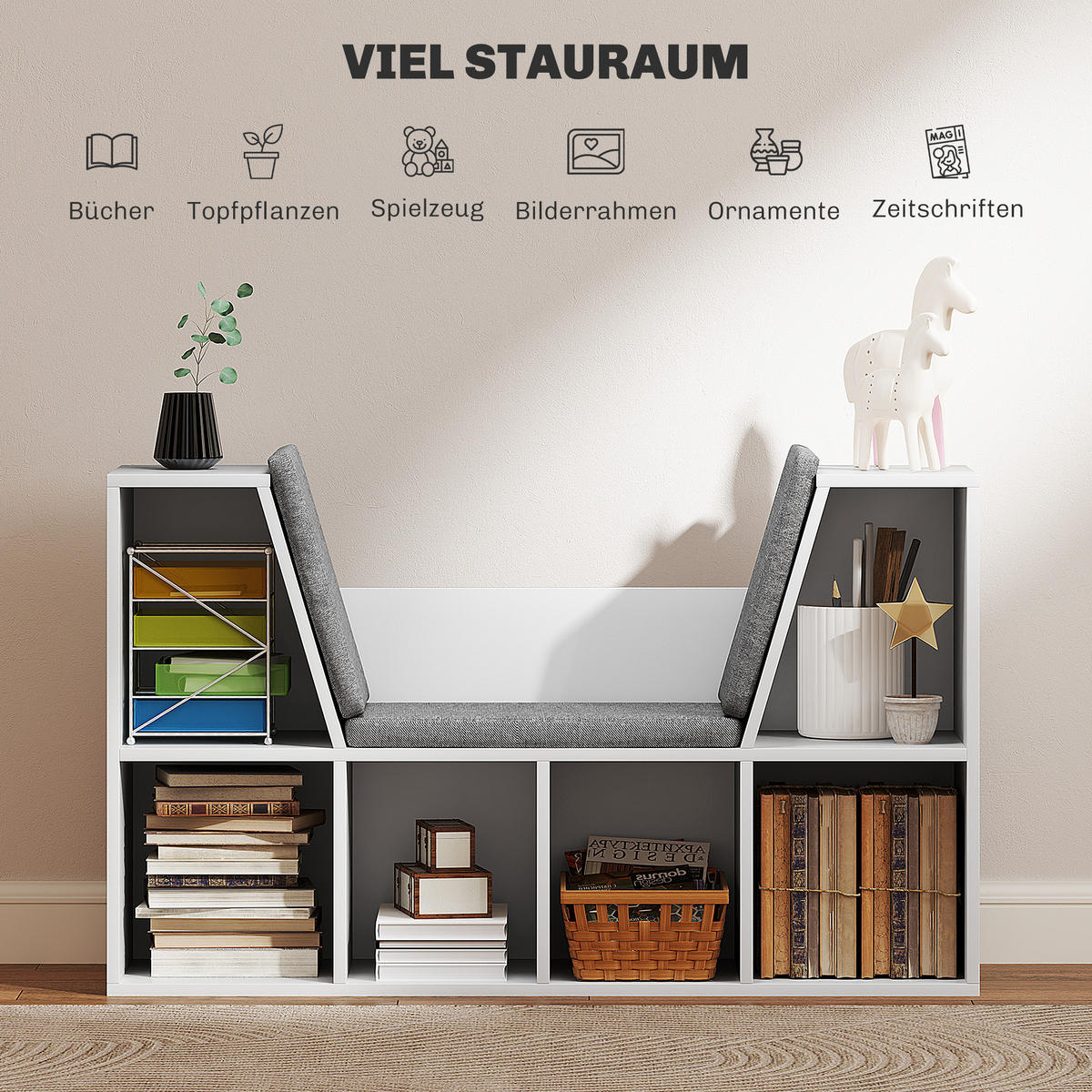 BÜCHERREGAL mit Sitzkissen, Aufbewahrungsregal mit 6 Fächern, Leinenoptik, Weiß - Weiß/Grau, Holzwerkstoff/Textil (30/63/105cm) - HOMCOM