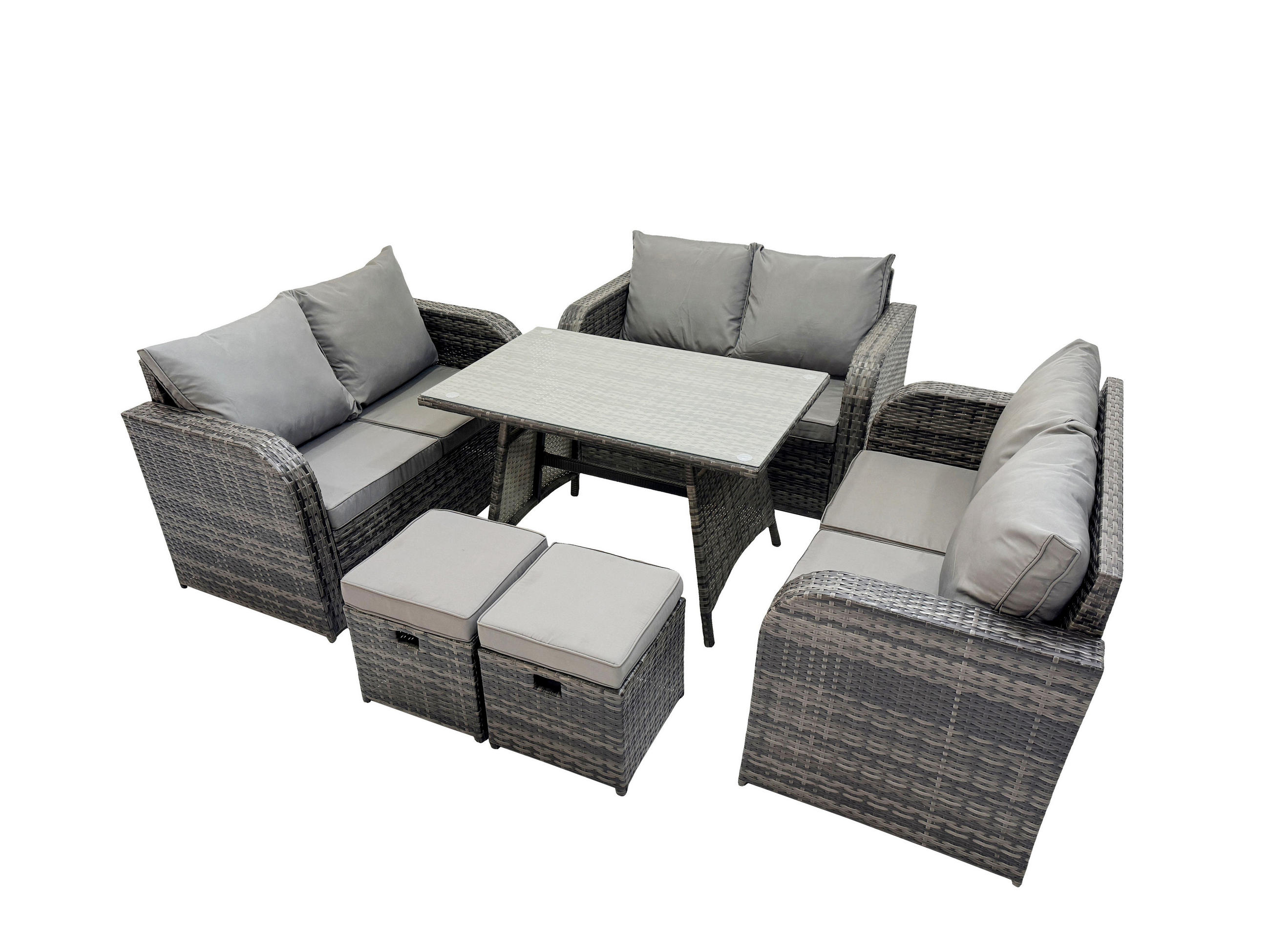 GARTENMÖBELSET mit ESSTISCH,SOFA Polyrattan 8-Sitzer - Dunkelgrau/Grau, Glas/Kunststoff - Fimous