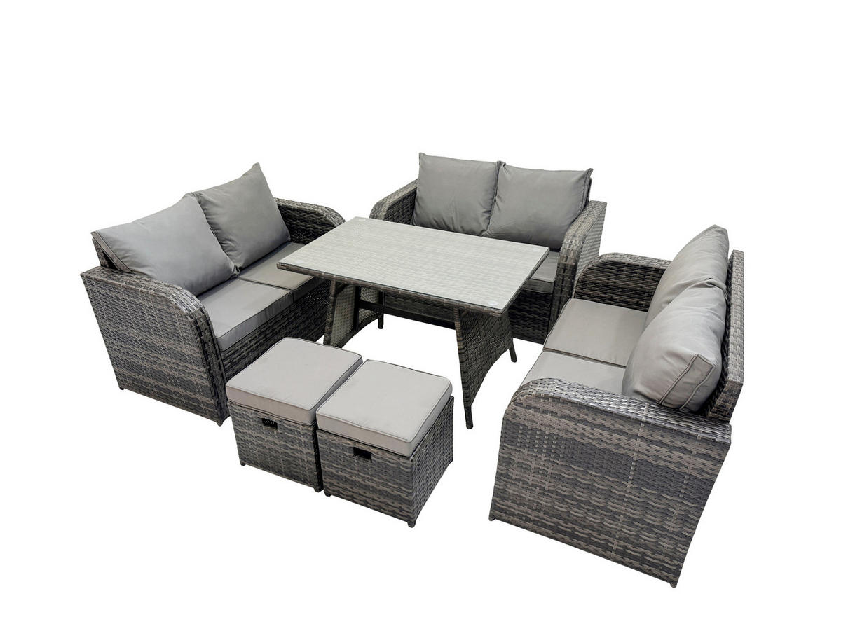 GARTENMÖBELSET mit ESSTISCH,SOFA Polyrattan 8-Sitzer - Dunkelgrau/Grau, Glas/Kunststoff - Fimous