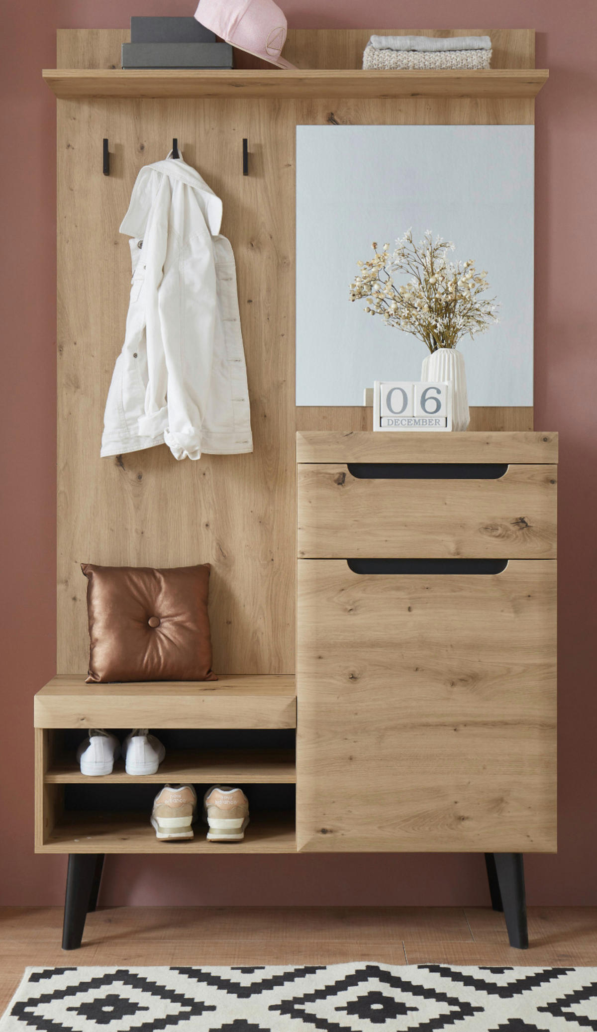 GARDEROBE Eiche Artisan, schwarz 110 cm, Kompaktgarderobe skandinavisch - Eichefarben/Schwarz, Holzwerkstoff/Metall (110/200/34cm) - Furn.Design