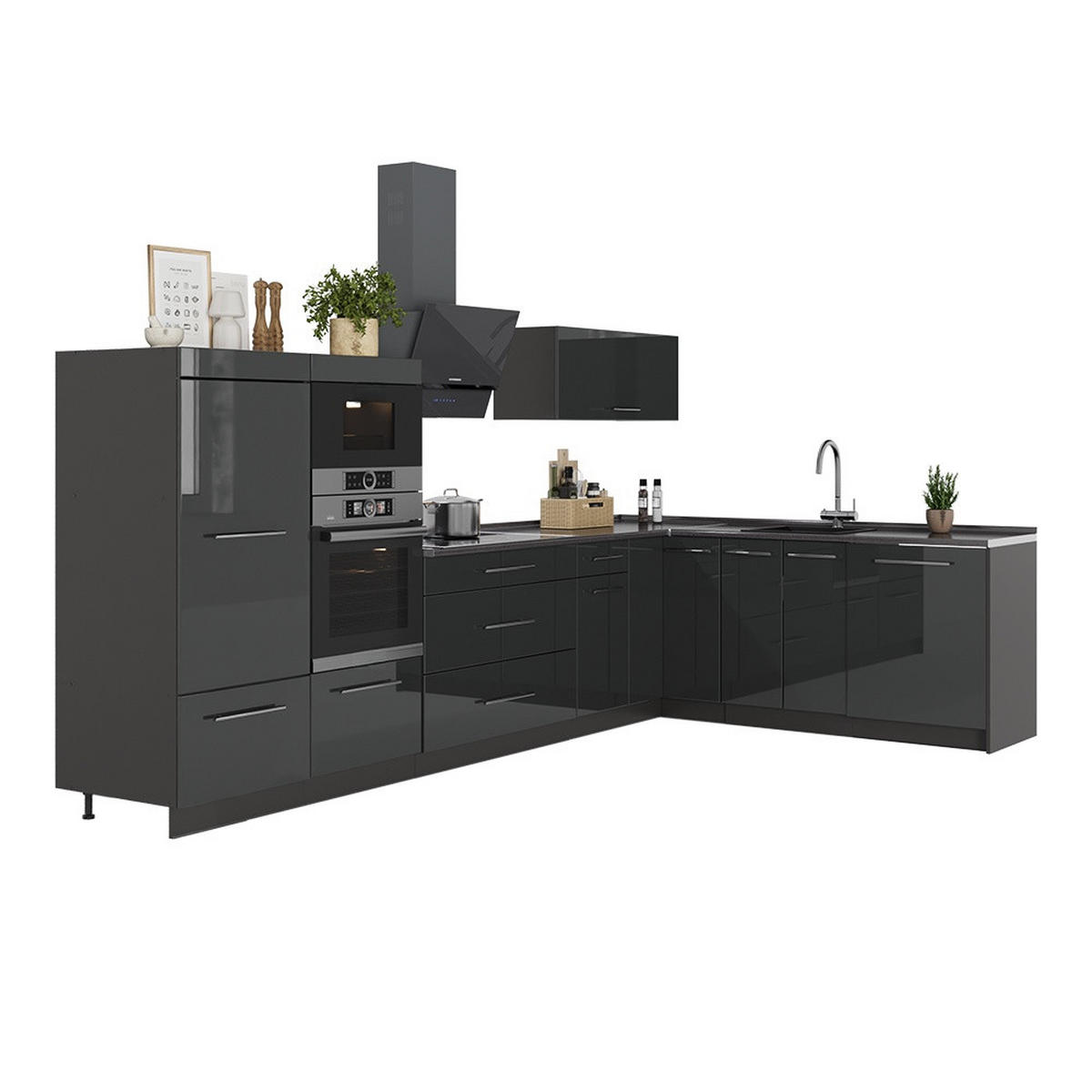 KUHINJA U OBLIKU SLOVA L Fame-Line, Antracit visokog sjaja/Antracit, 347 x 207 cm, RP Hrast - crna visoki sjaj/antracit, drvni materijal (347/153.6/60cm) - Vicco