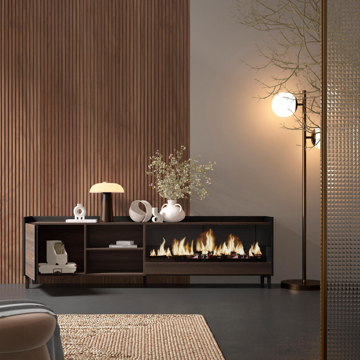 LOWBOARD, Eiche und Schwarz, 212/35/61cm, Kamin mit Feuereffekt XXL - Dunkelbraun, Holzwerkstoff (212/61/35cm) - Skraut Home