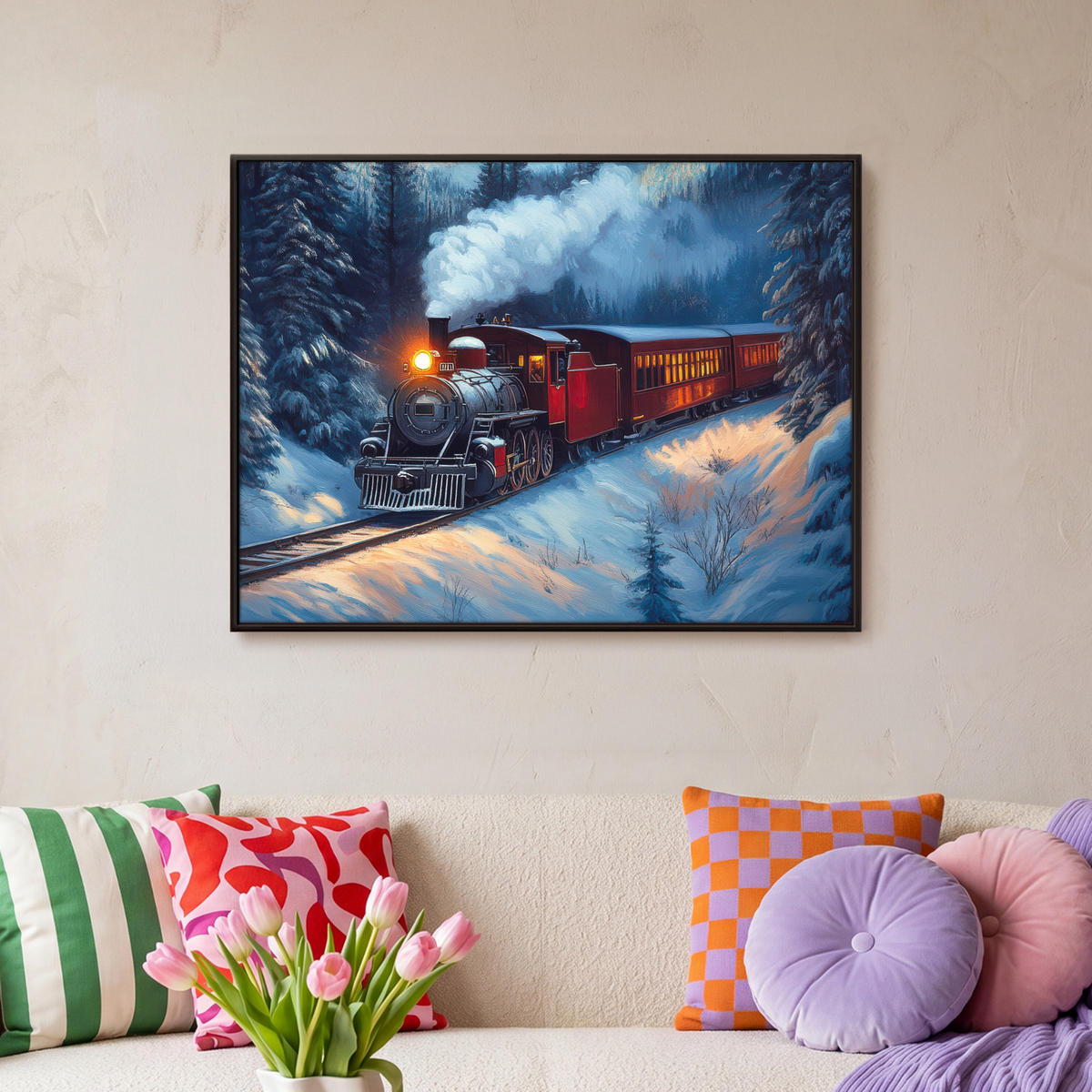 LEINWAND Bilder mit Rahmen - Zug - Weihnachten - Schnee - Weihnachtszug - 80x60 - Anthrazit, Textil (80/60cm) - MuchoWow