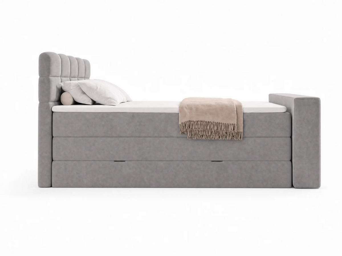 BOXSPRINGBETT Carenzo 3 Hellgrau 160/200 cm H3/H4 Samt inkl. Topper und TV-Lift - Hellgrau, Textil (160/200cm) - wonello