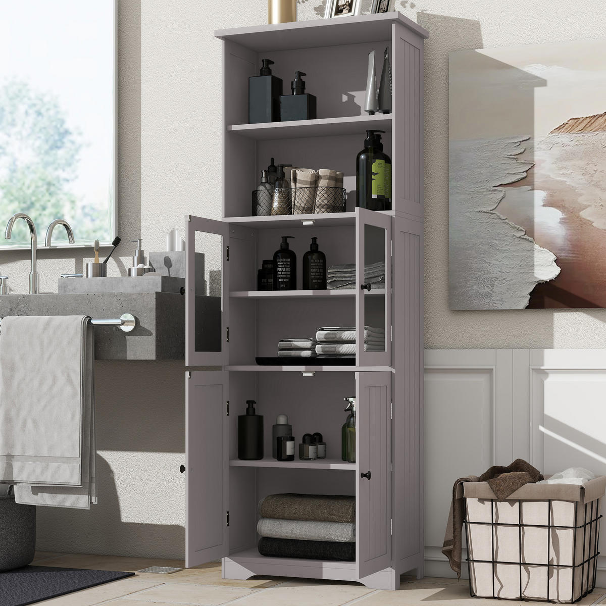 BADEZIMMER-HOCHSCHRANK 57.4x28.5x160cm in Grau, feuchtigkeitsbeständig mit 4 Türen - Grau, Holzwerkstoff (57.4/160/28.5cm) - Modfu