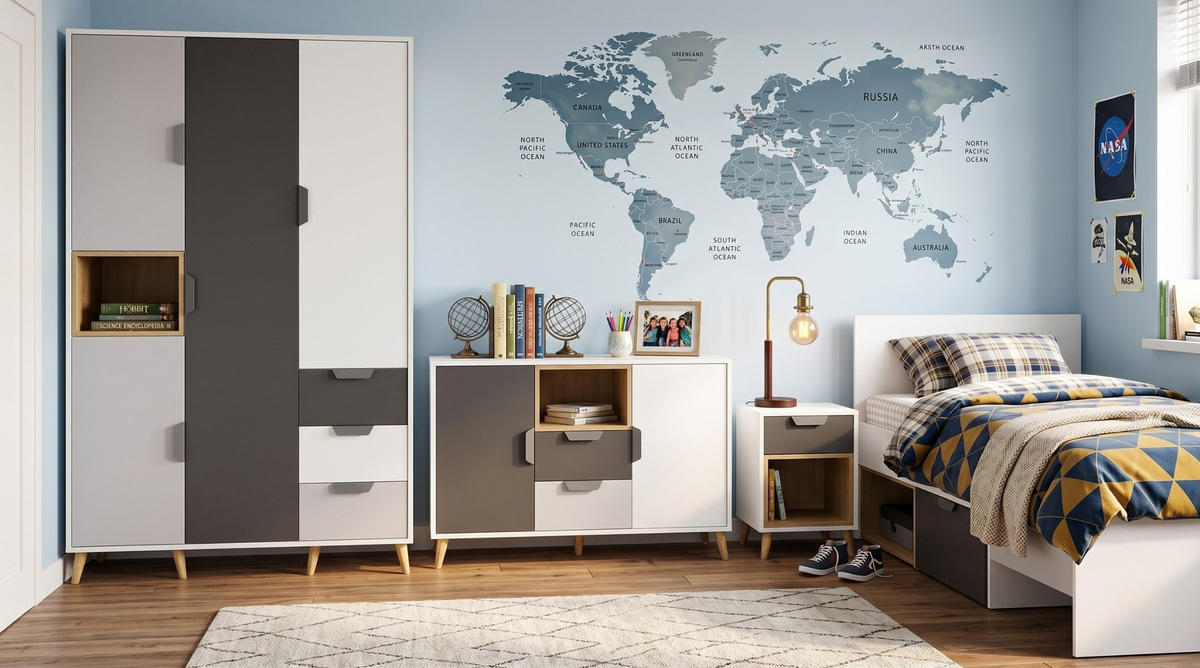 JUGENDZIMMER-SET JUSTIN A 4-teilig in Weiß / Graphit / Grau / Eiche - Eichefarben/Graphitfarben, Holzwerkstoff (377/190/204cm) - Deine Möbel 24