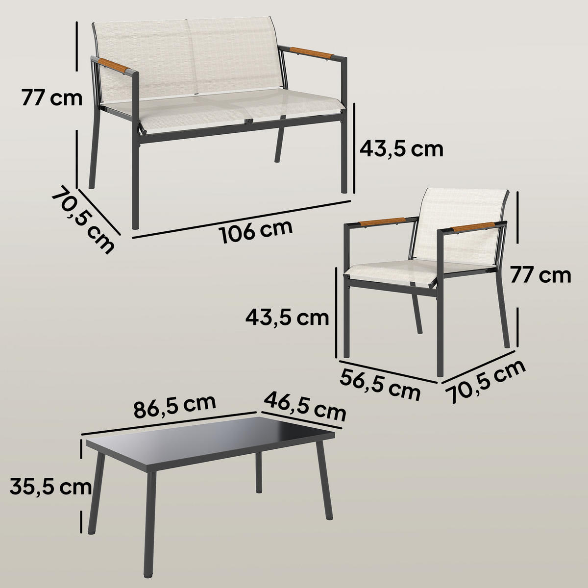 BALKONMÖBEL 4ER-SET aus Metall Netzstoff Cremeweiß - Creme/Weiß, Textil/Metall - Outsunny