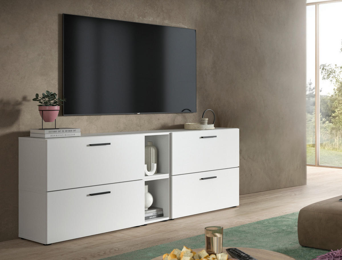 TV-LOWBOARD weiß 176 cm, Fernsehtisch hängend / stehend mit Soft-Close - Schwarz/Weiß, Holzwerkstoff/Kunststoff (176/67/34cm) - Inn.Furn